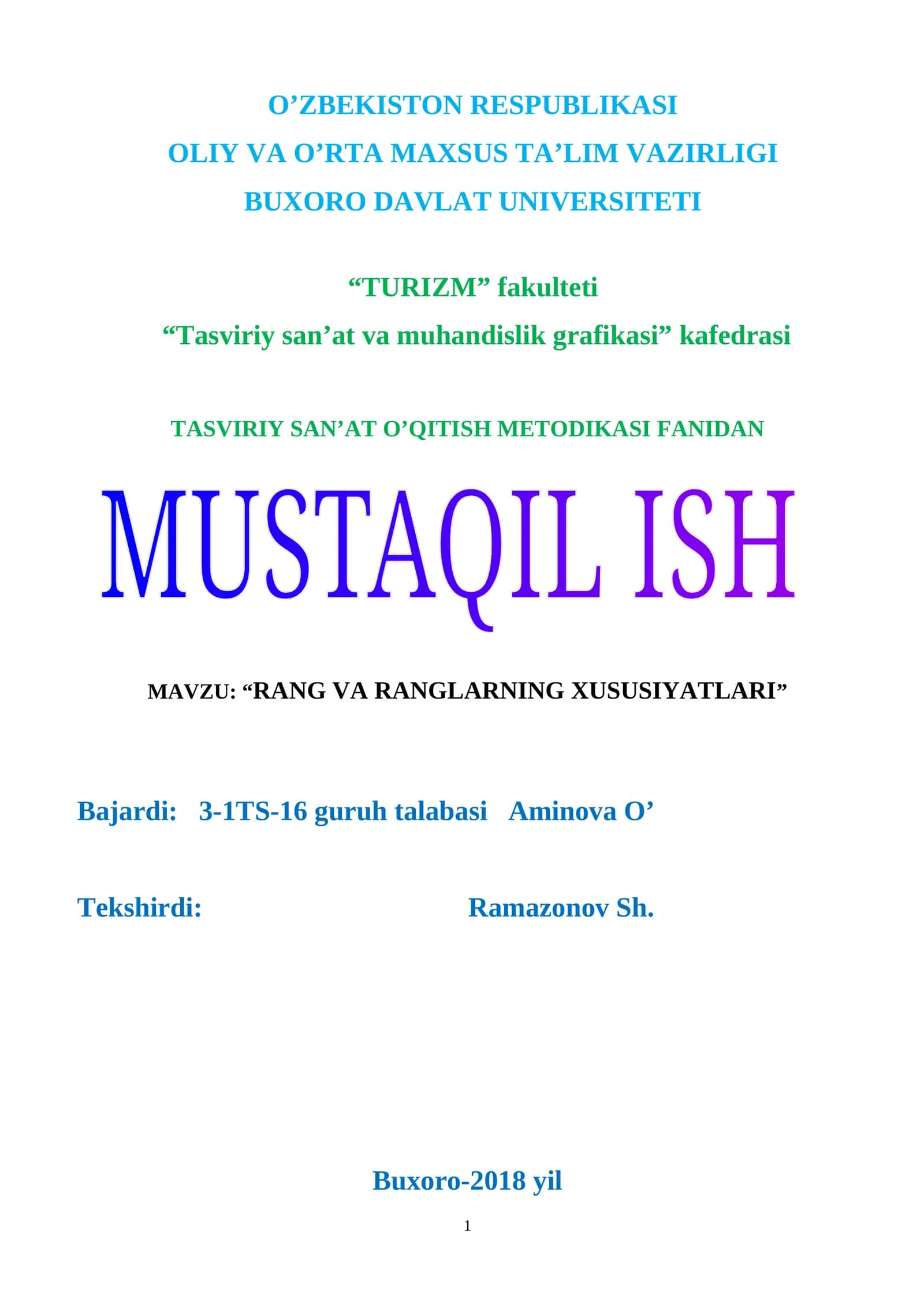RANG VA RANGLARNING XUSUSIYATLARI