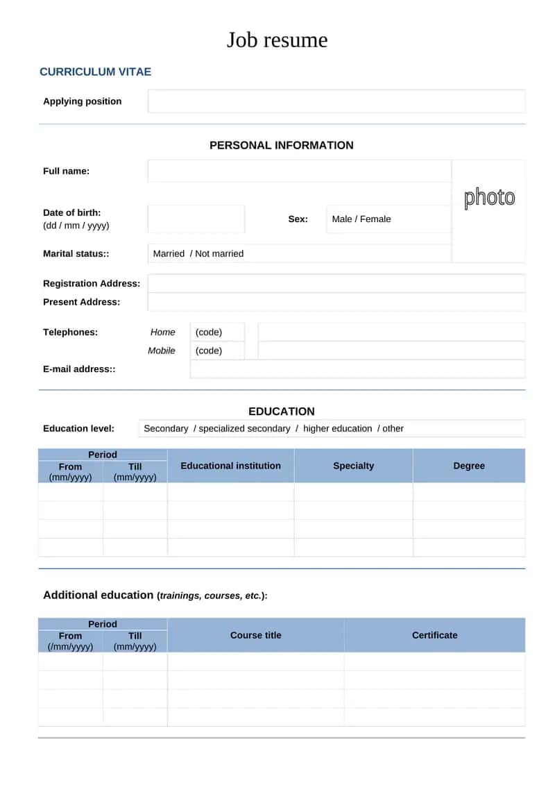Job resume. Ish uchun rezume, Inglizcha