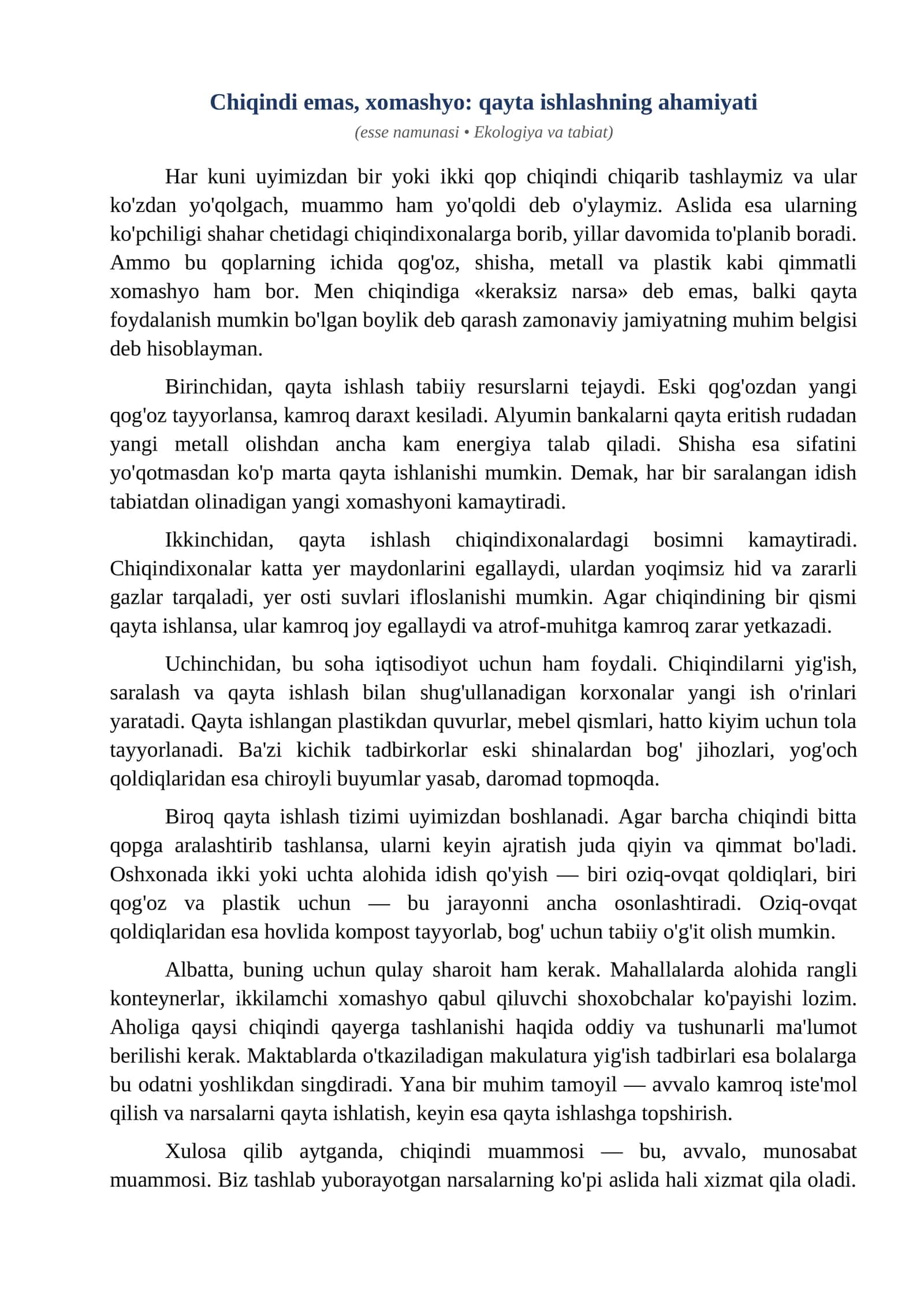 Esse Chiqindi emas xomashyo qayta ishlashning ahamiyati
