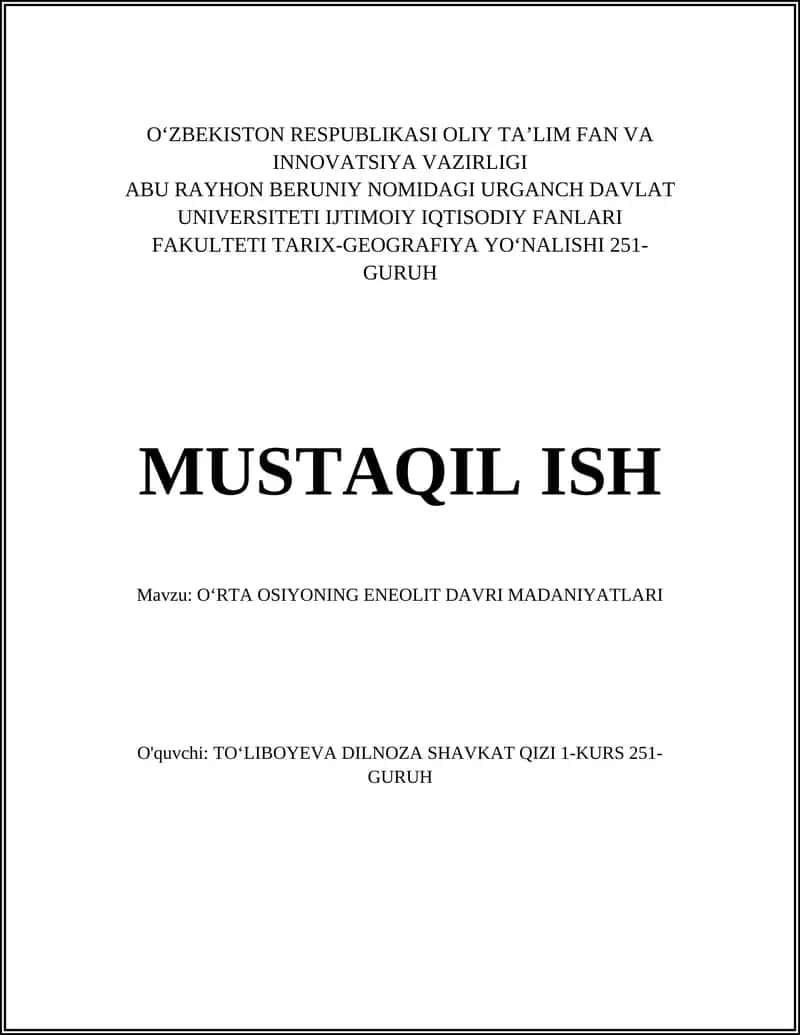 OʻRTA OSIYONING ENEOLIT DAVRI MADANIYATLARI