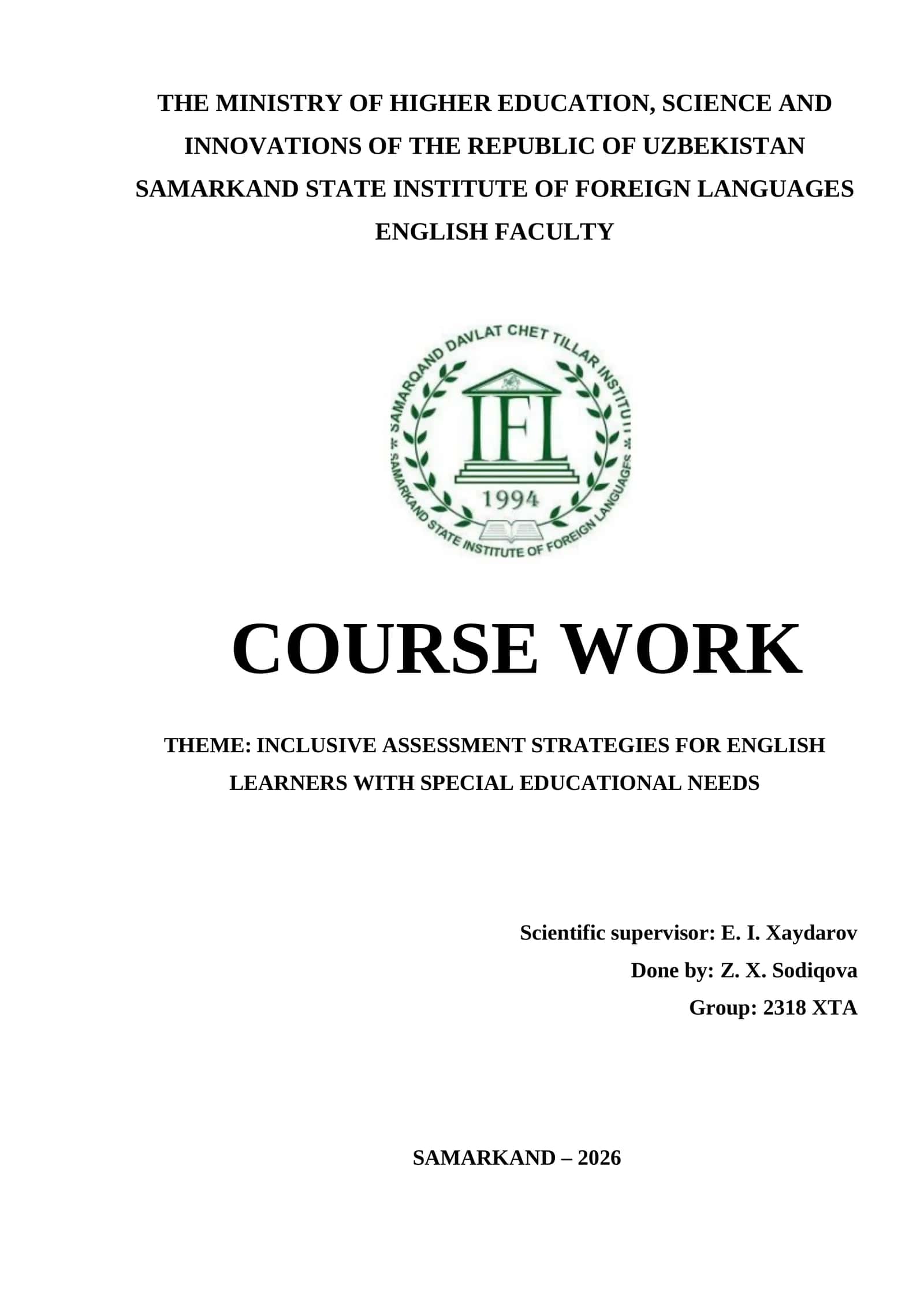 Course Work on Inclusive Assessment Strategies for English Learners with Special Educational Needs