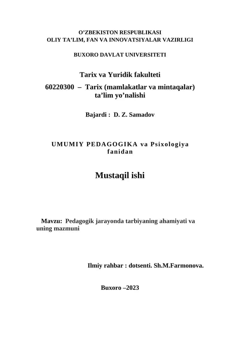 Pedagogik jarayonda tarbiyaning ahamiyati va uning mazmuni