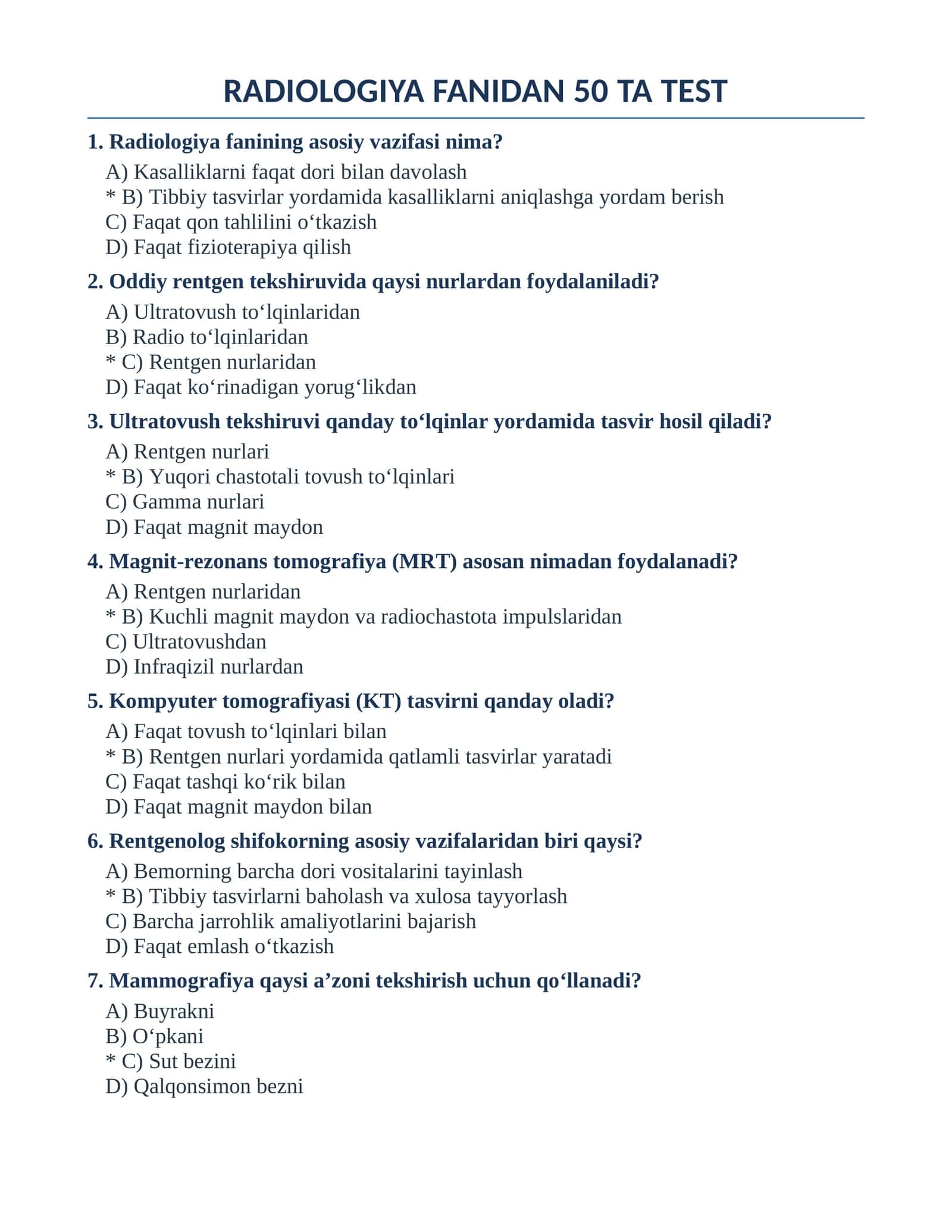RADIOLOGIYA FANIDAN 50 TA TEST