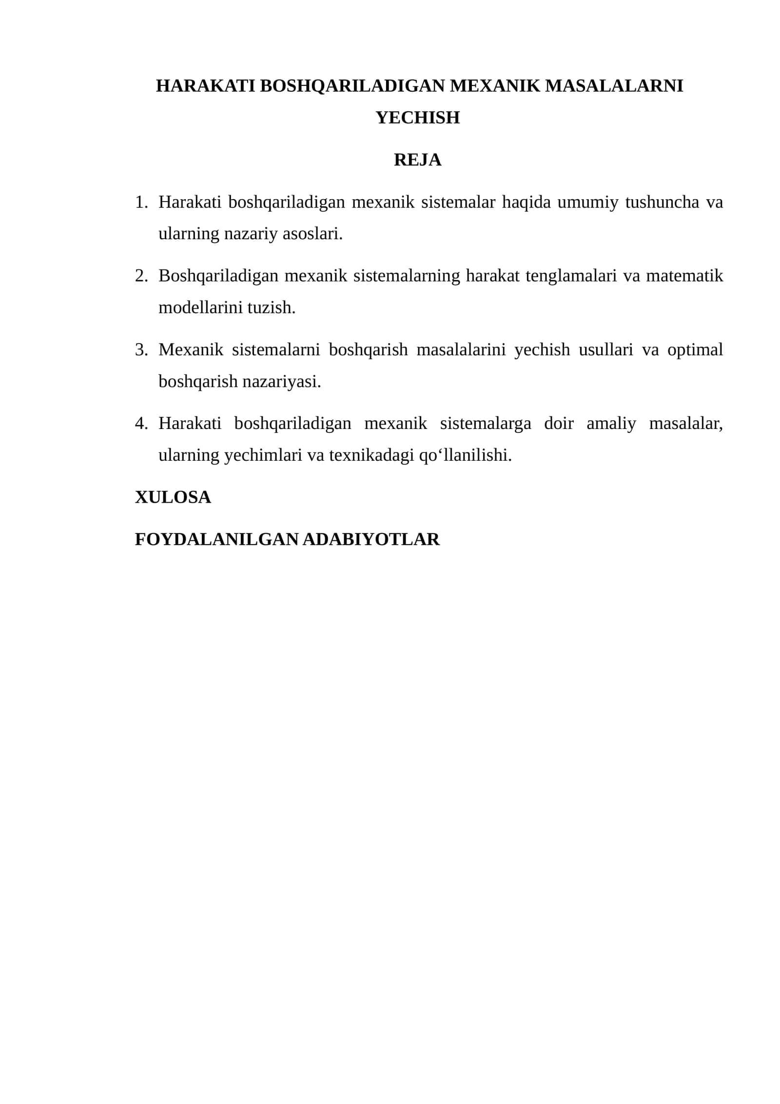 HARAKATI BOSHQARILADIGAN MEXANIK MASALALARNI YECHISH