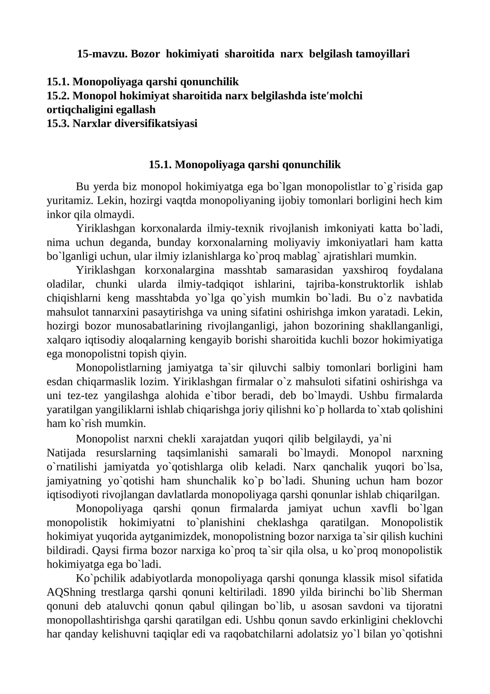 Mavzu 15. Bozor hokimiyati sharoitida narx belgilash tamoyillari