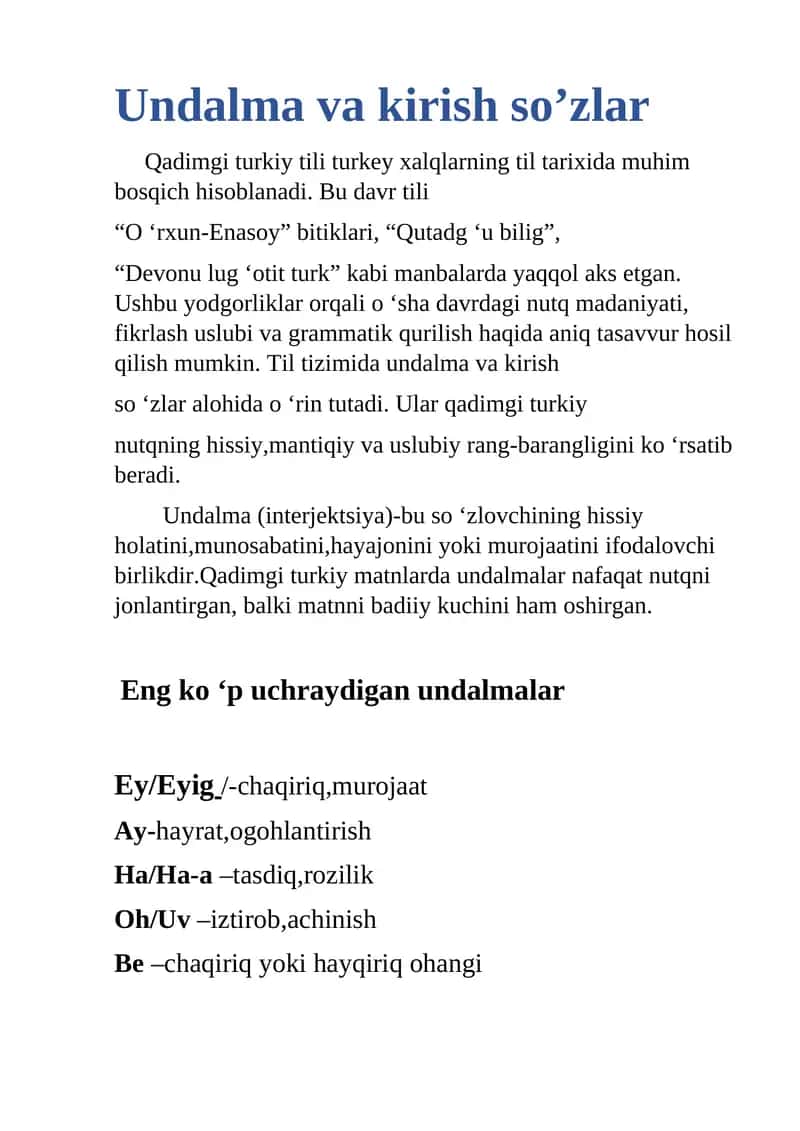 Undalma va kirish so’zlar