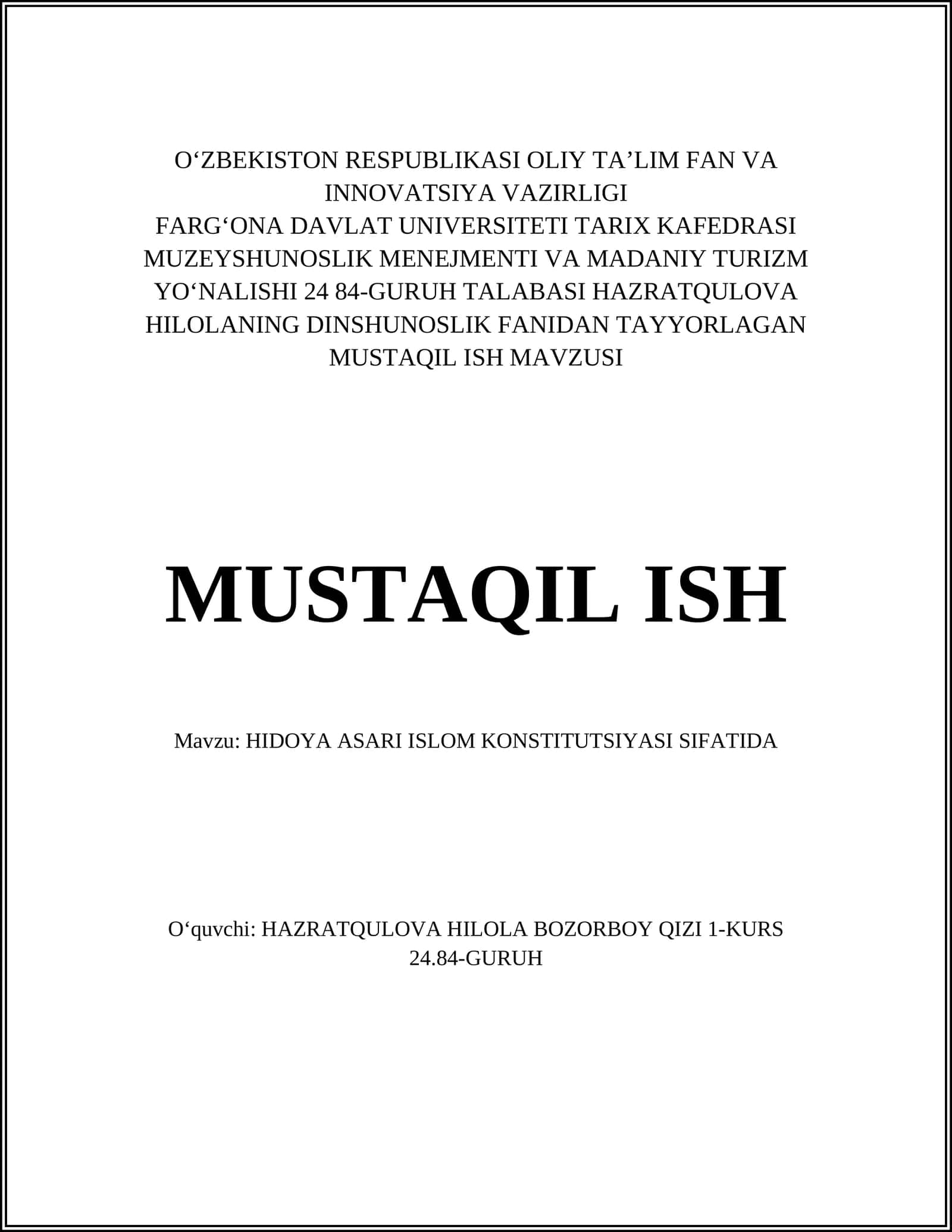 HIDOYA ASARI ISLOM KONSTITUTSIYASI SIFATIDA