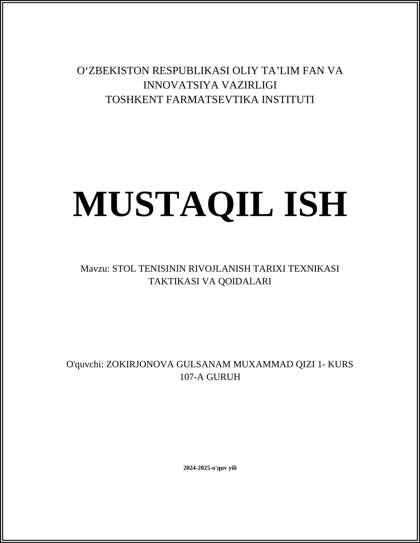 STOL TENISININ RIVOJLANISH TARIXI TEXNIKASI TAKTIKASI VA QOIDALARI