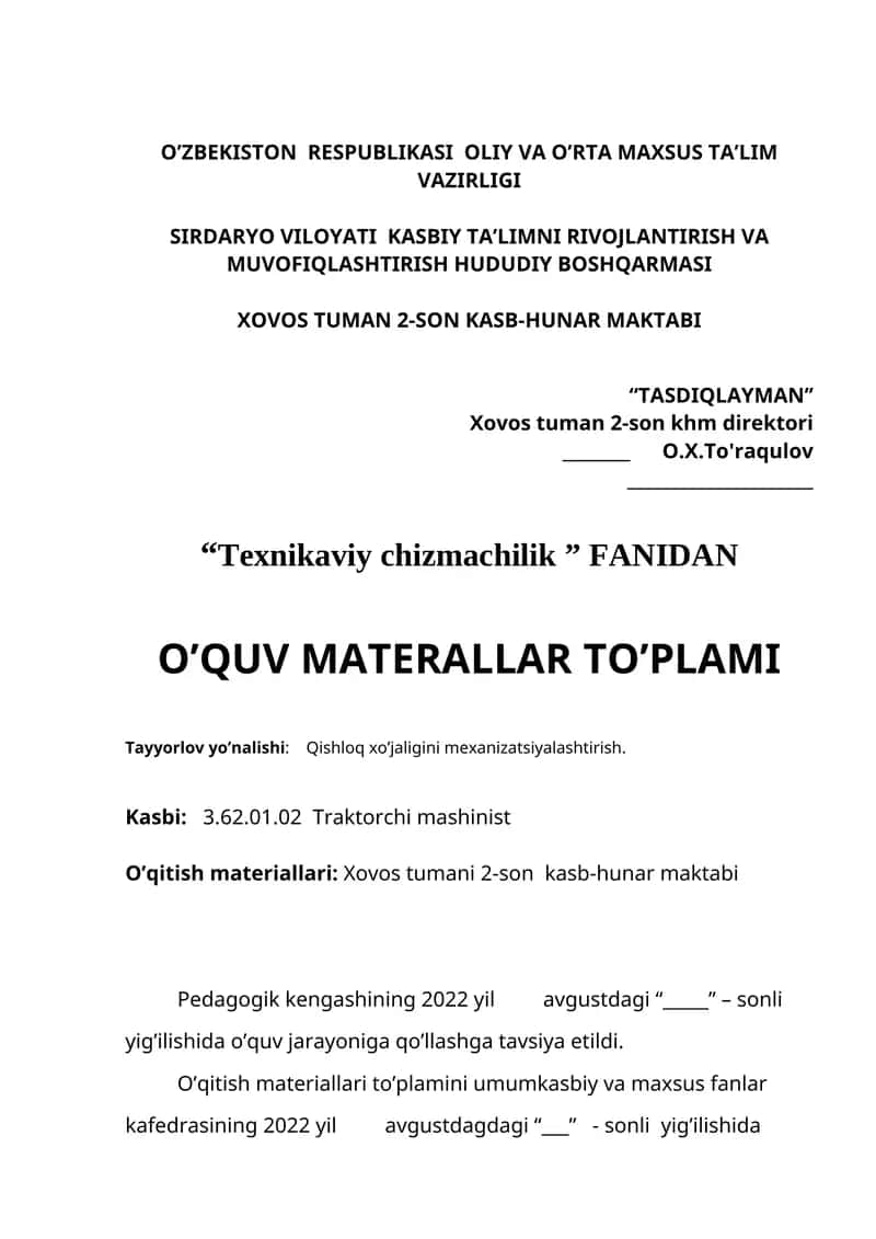 "Texnikaviy chizmachilik" FANIDAN O’QUV MATERALLAR TO’PLAMI