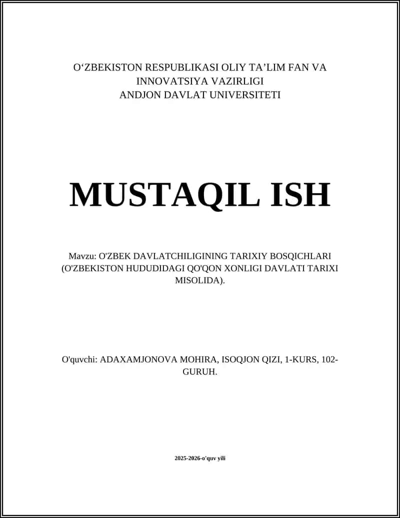 O'ZBEK DAVLATCHILIGINING TARIXIY BOSQICHLARI