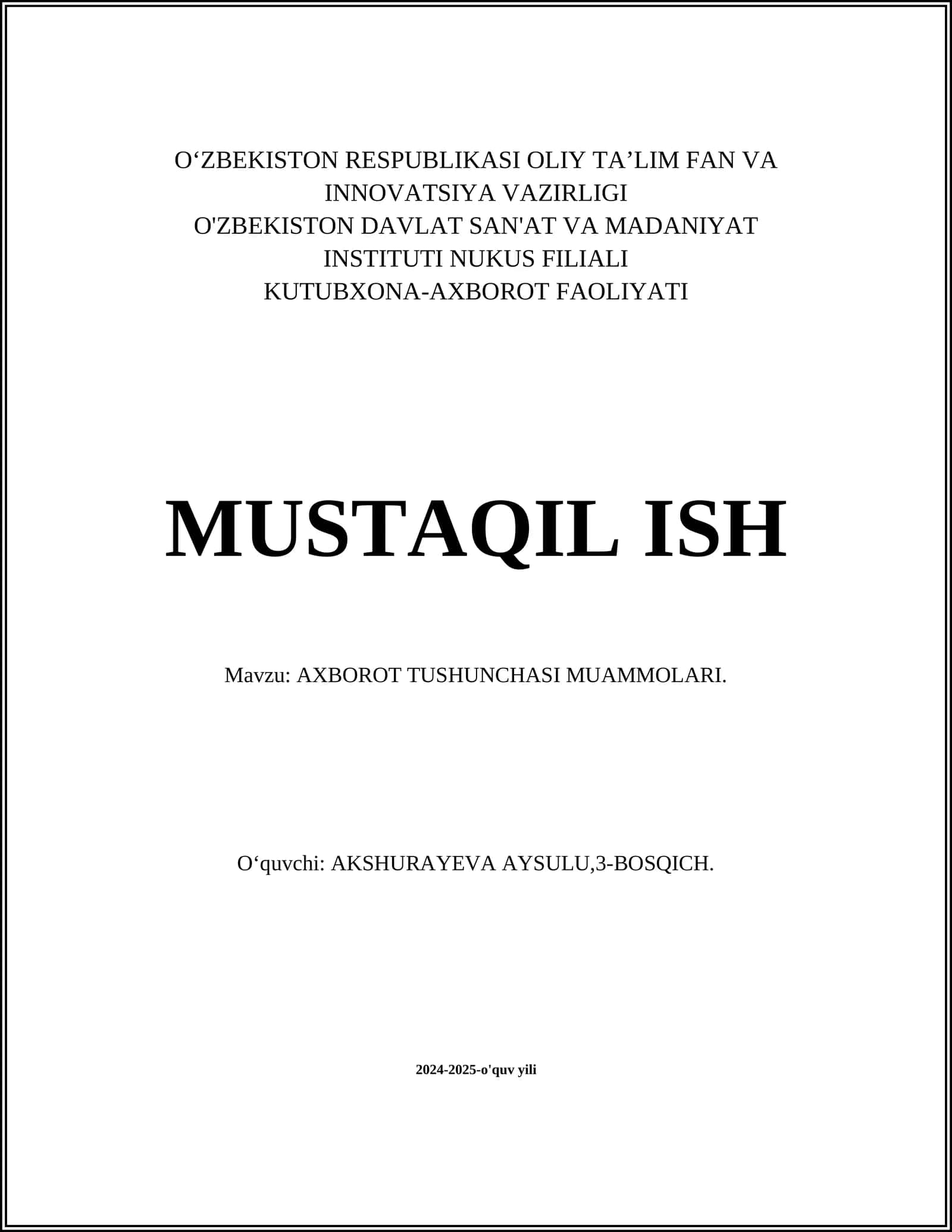 AXBOROT TUSHUNCHASI MUAMMOLARI