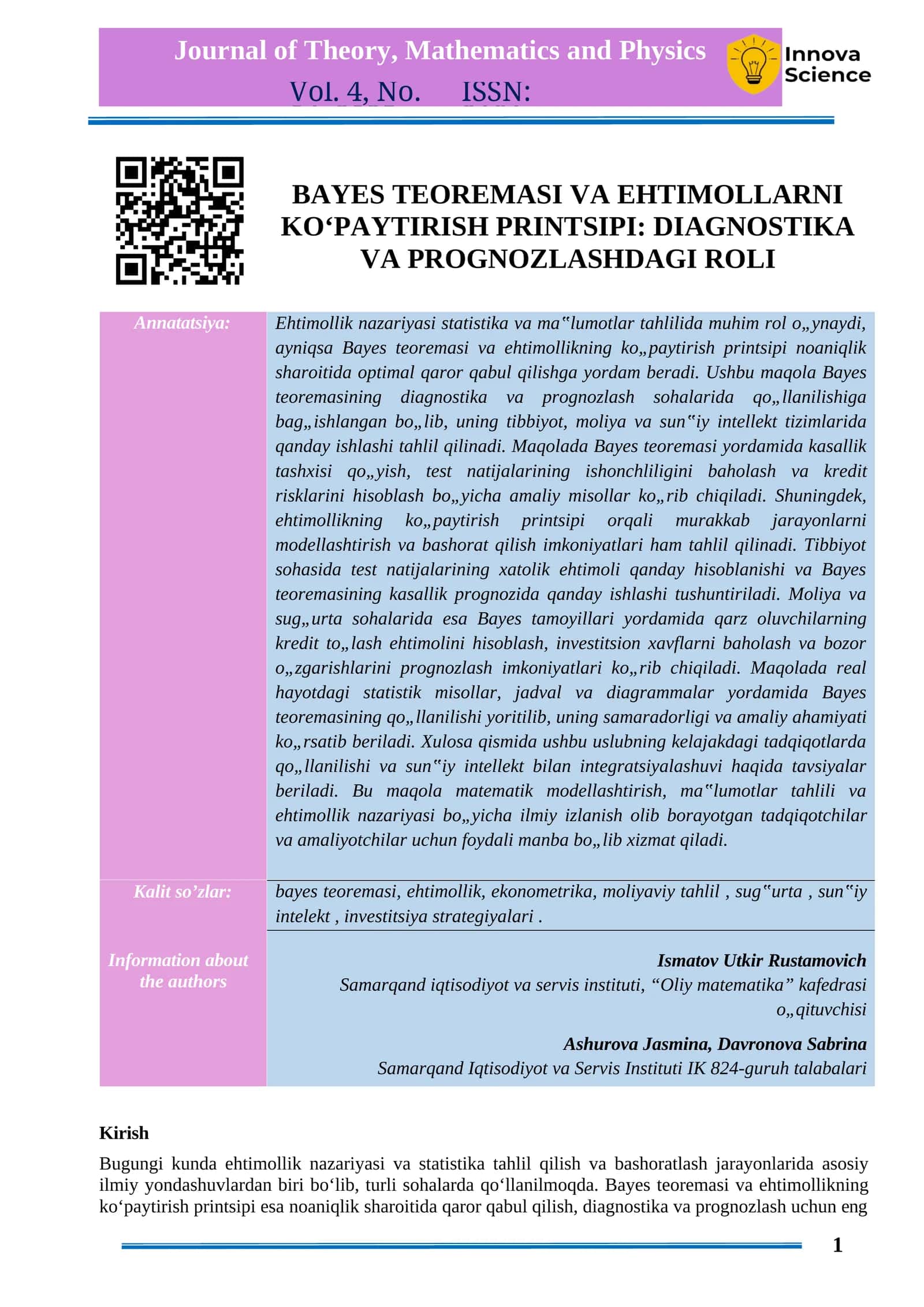 Bayes teoremasi va ehtimollikning ko'paytirish printsipi