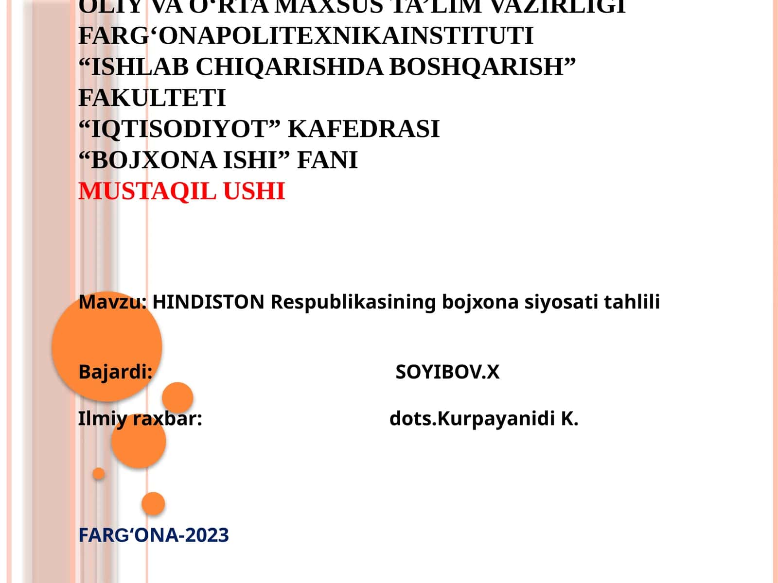 HINDISTON Respublikasining bojxonasiyosati tahlili