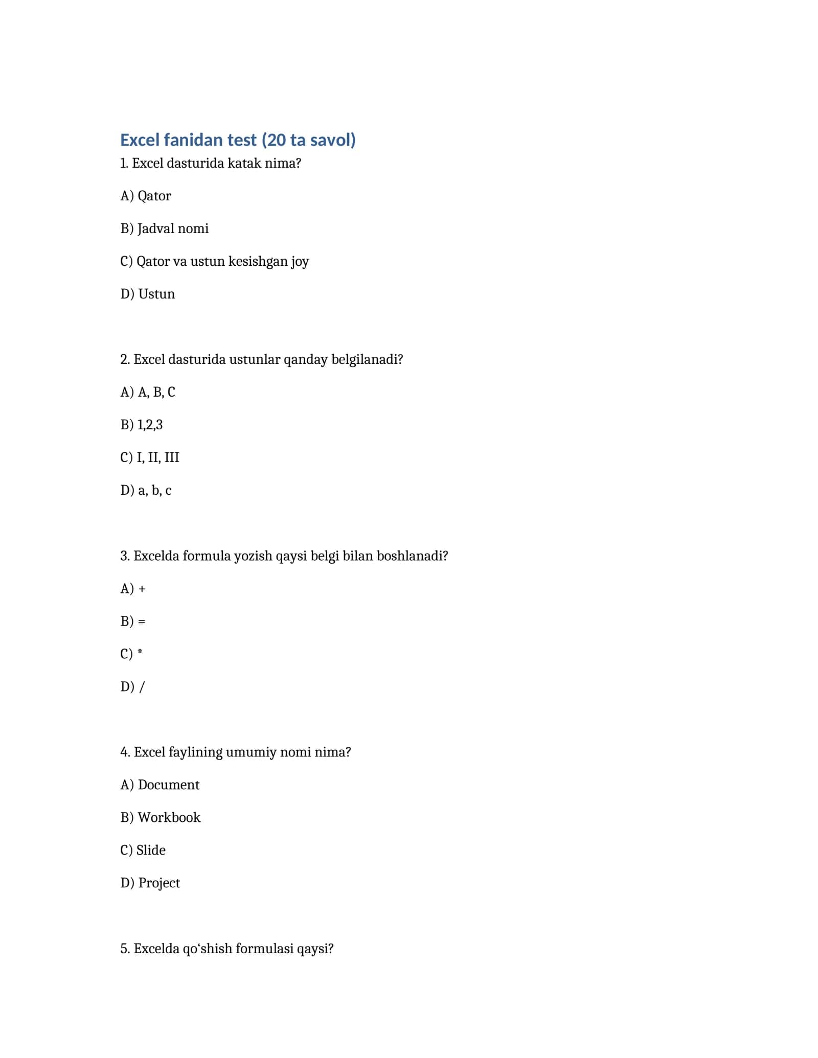 Excel fanidan test (20 ta savol)