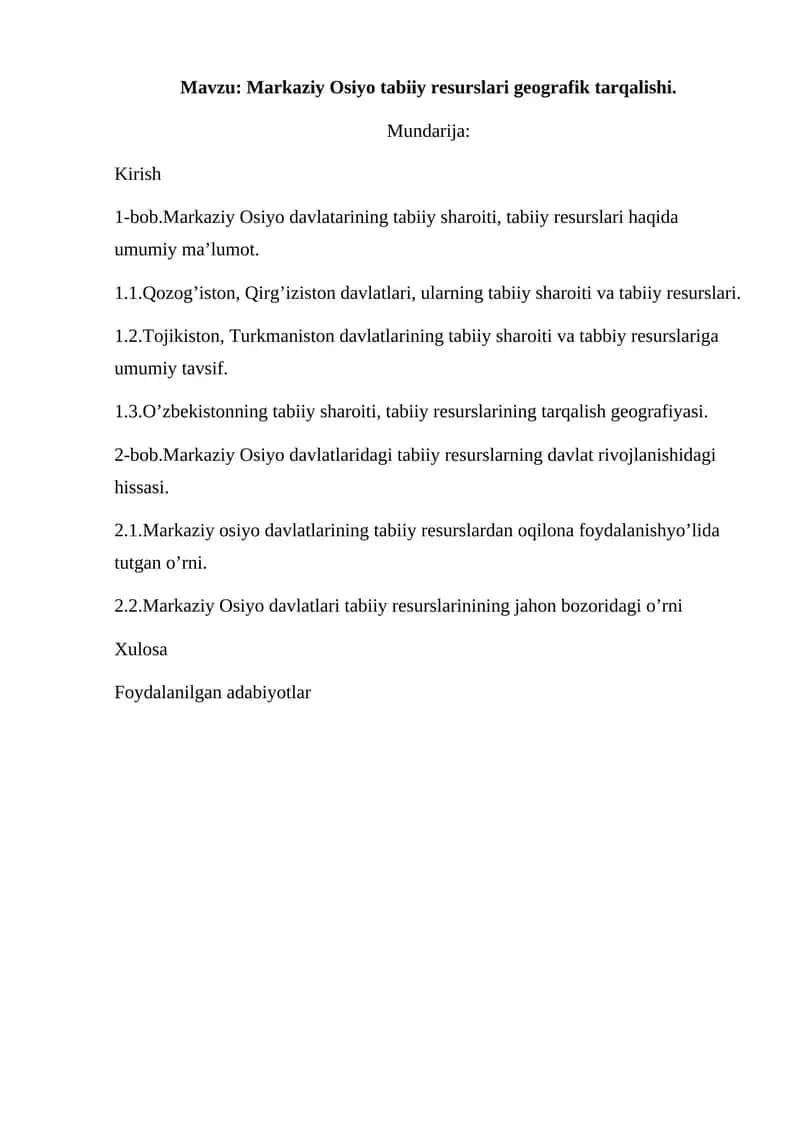 Markaziy Osiyo tabiiy resurslari geografik tarqalishi