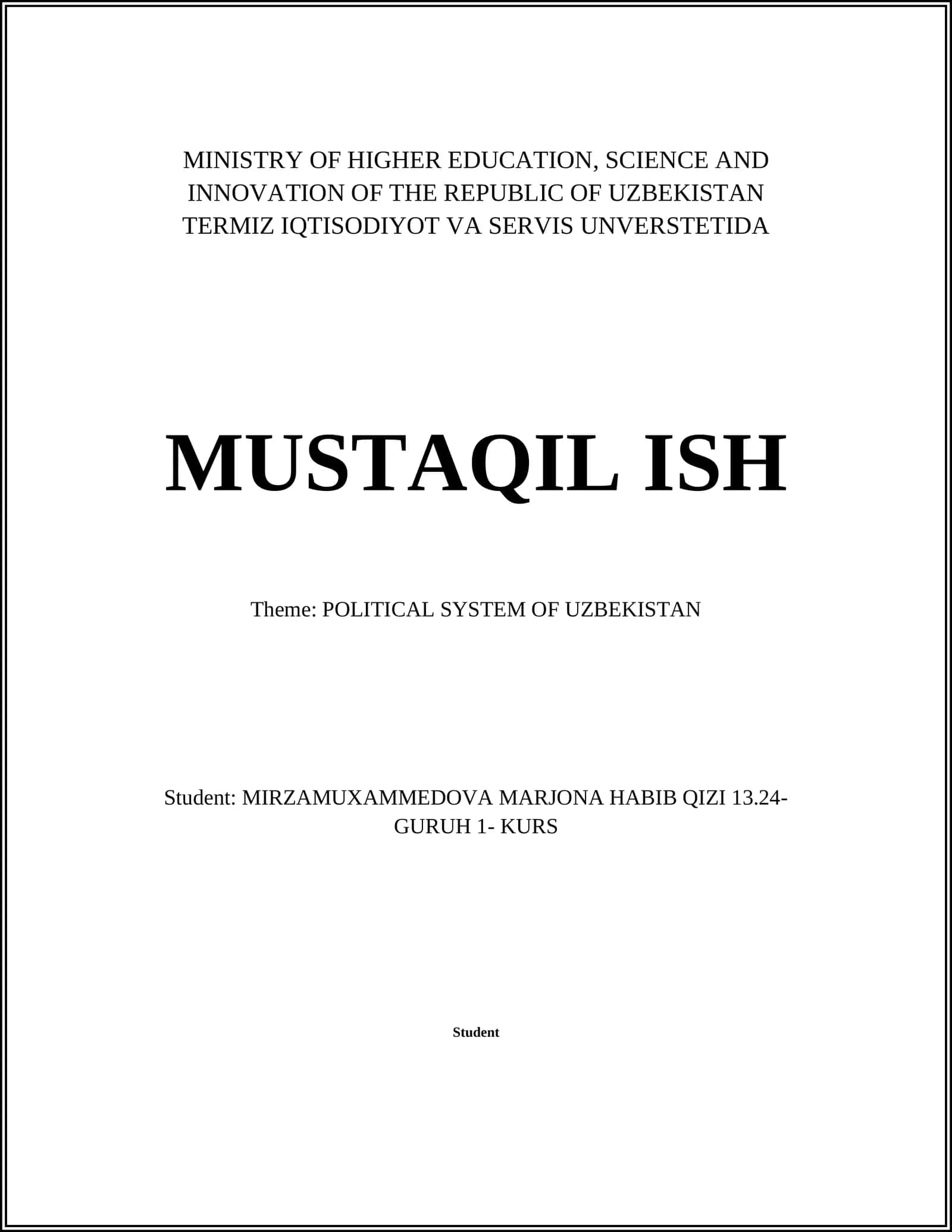 TERMIZ IQTISODIYOT VA SERVIS UNVERSTETIDA MUSTAQIL ISH