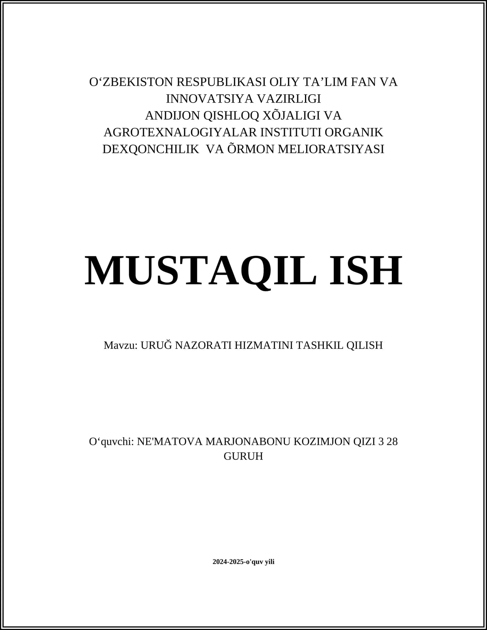 URUĞ NAZORATI HIZMATINI TASHKIL QILISH