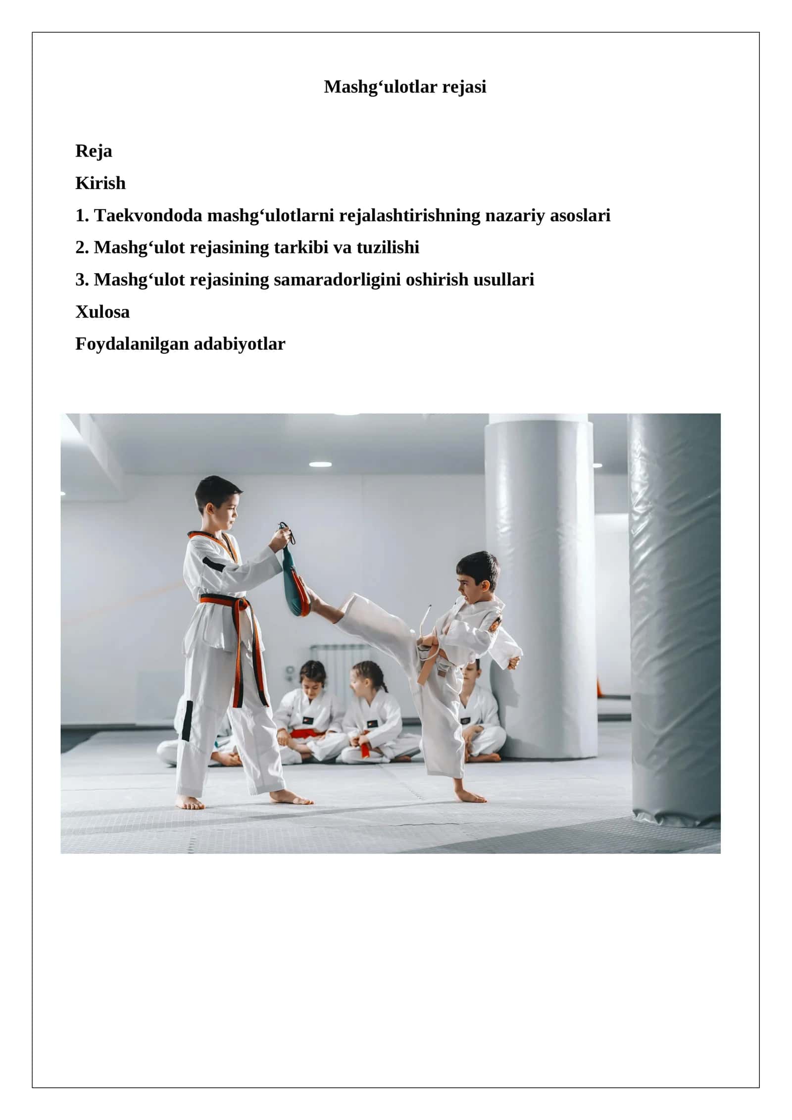 Mashg‘ulotlar rejasi Taekvondo