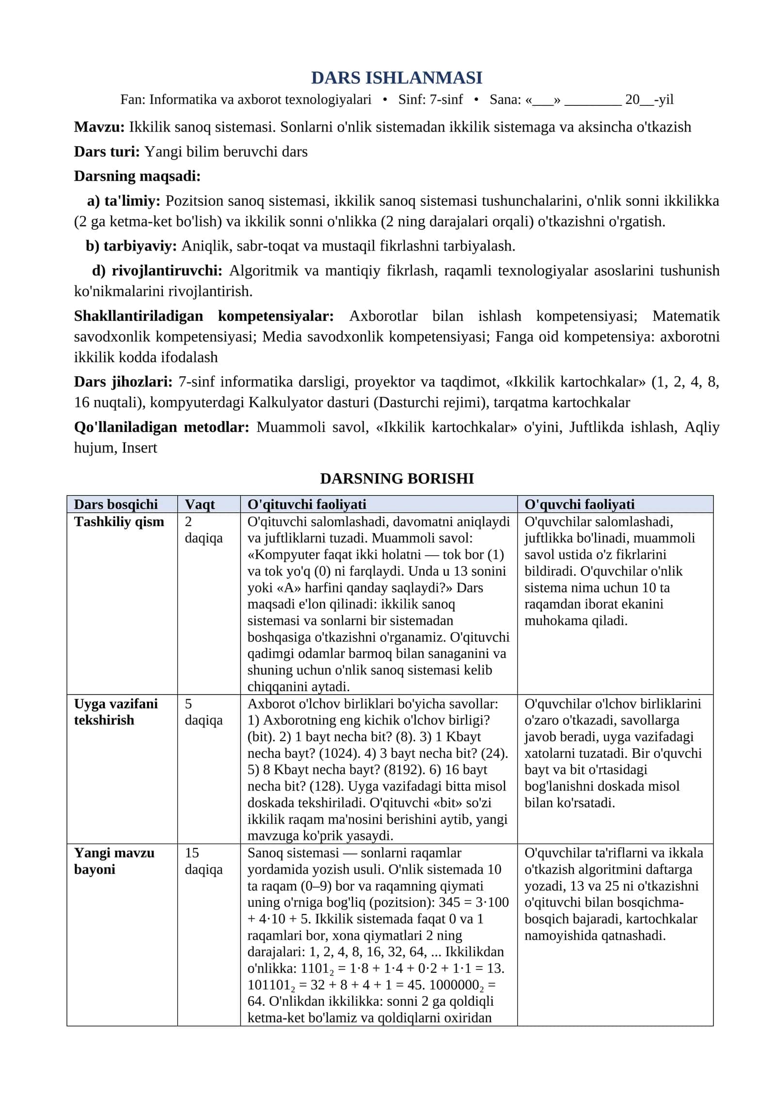 7 sinf Informatika va axborot texnologiyalari dars ishlanma Ikkilik sanoq sistemasi Sonlarni onlik sistem