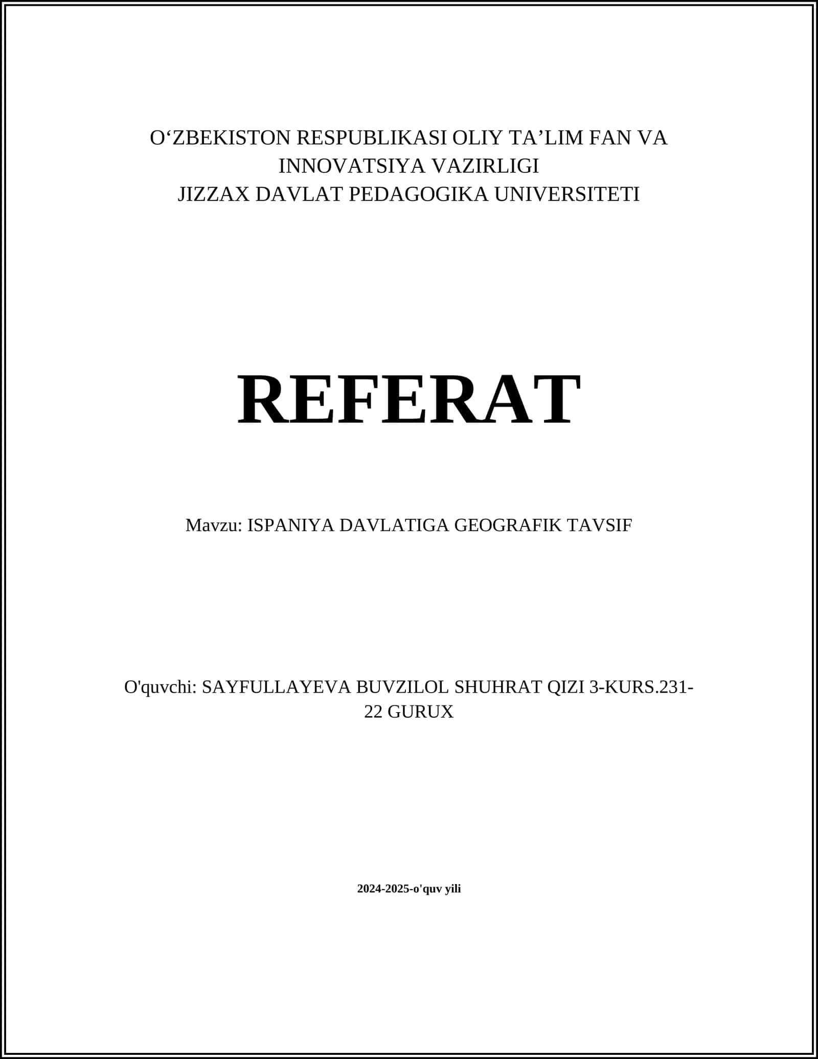 ISPANIYA DAVLATIGA GEOGRAFIK TAVSIF