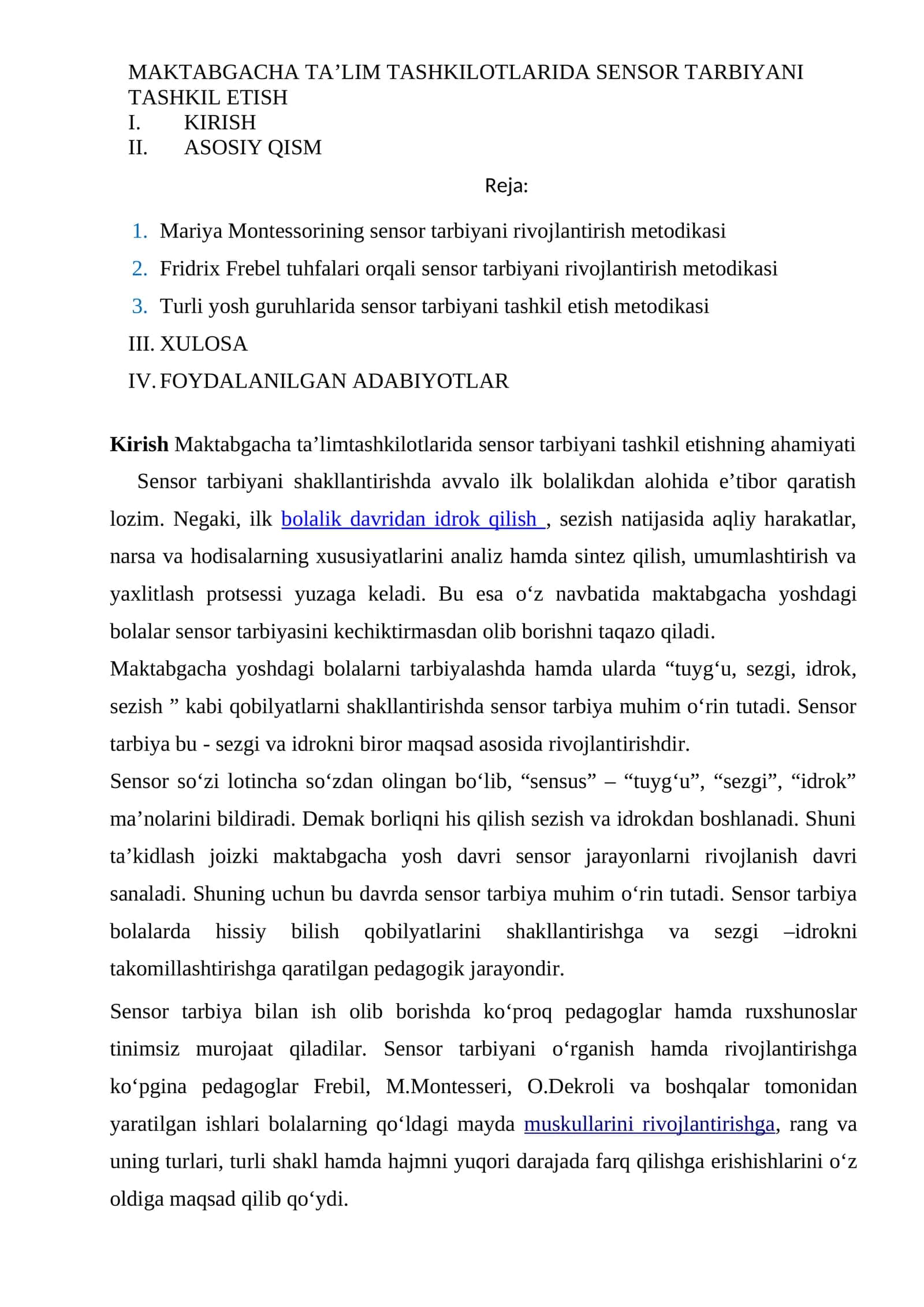 MAKTABGACHA TA’LIM TASHKILOTLARIDA SENSOR TARBIYANI TASHKIL ETISH