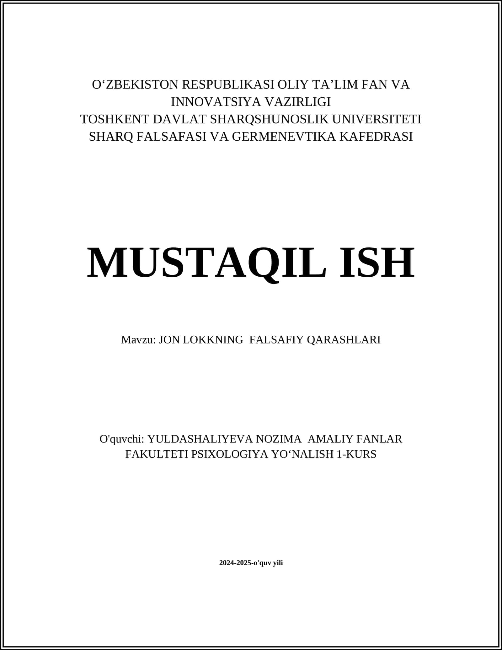 JON LOKKNING FALSAFIY QARASHLARI