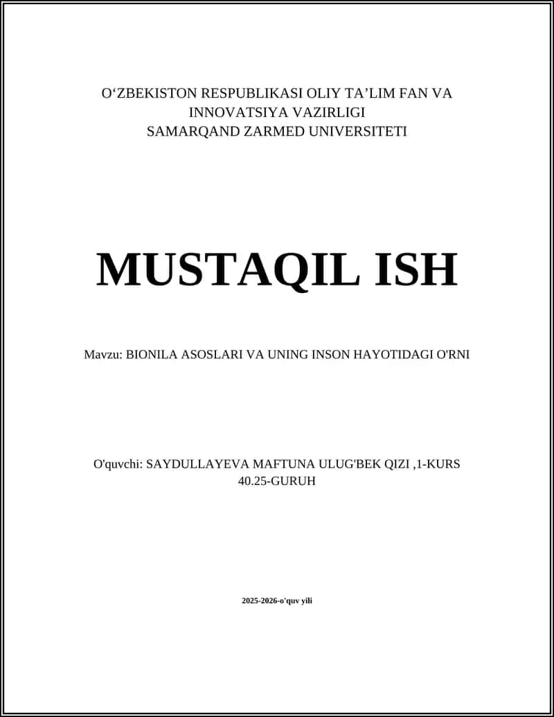 BIONILA ASOSLARI VA UNING INSON HAYOTIDAGI O'RNI