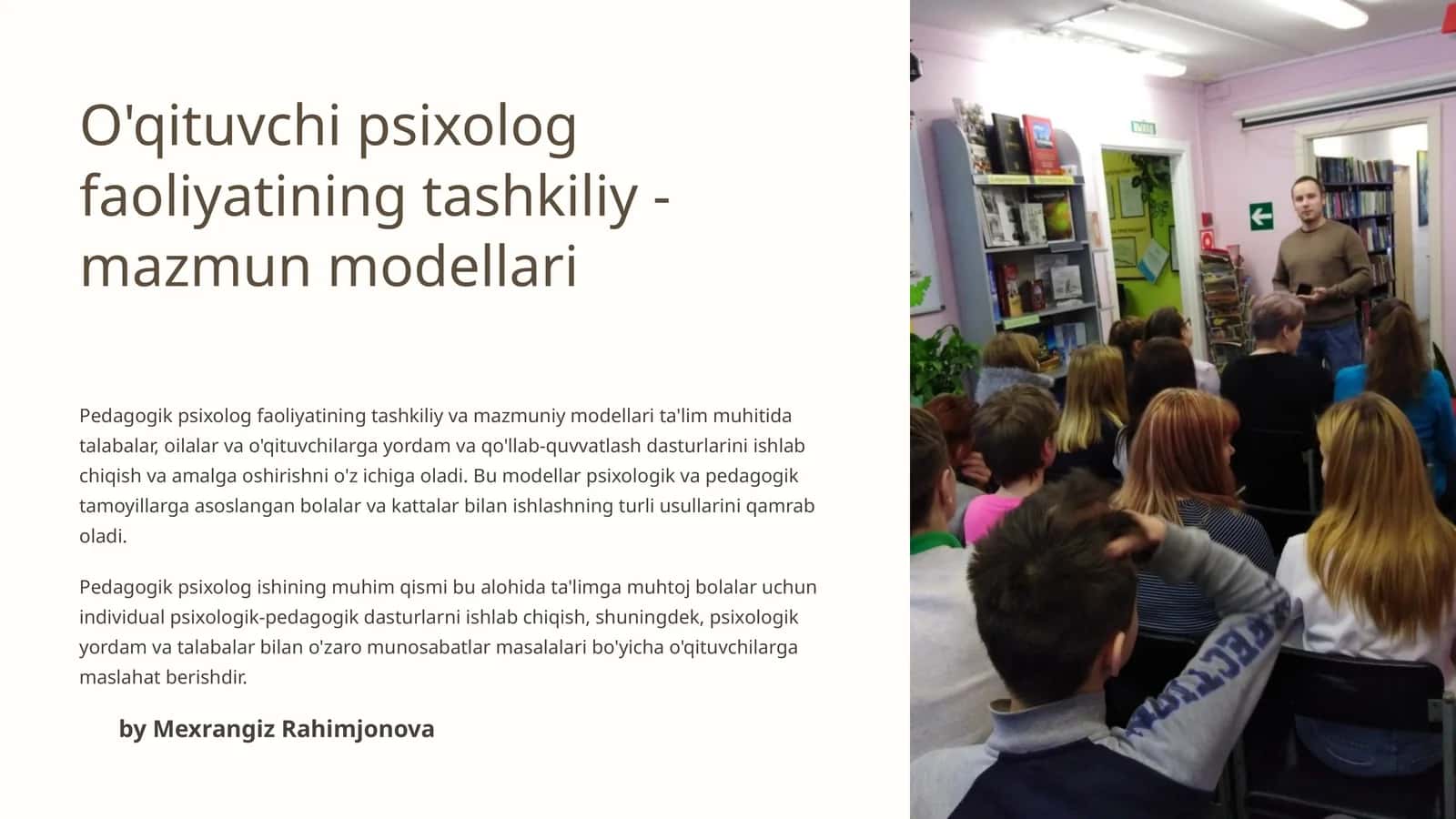 O'qituvchi psixolog faoliyatining tashkiliy-mazmun modellari