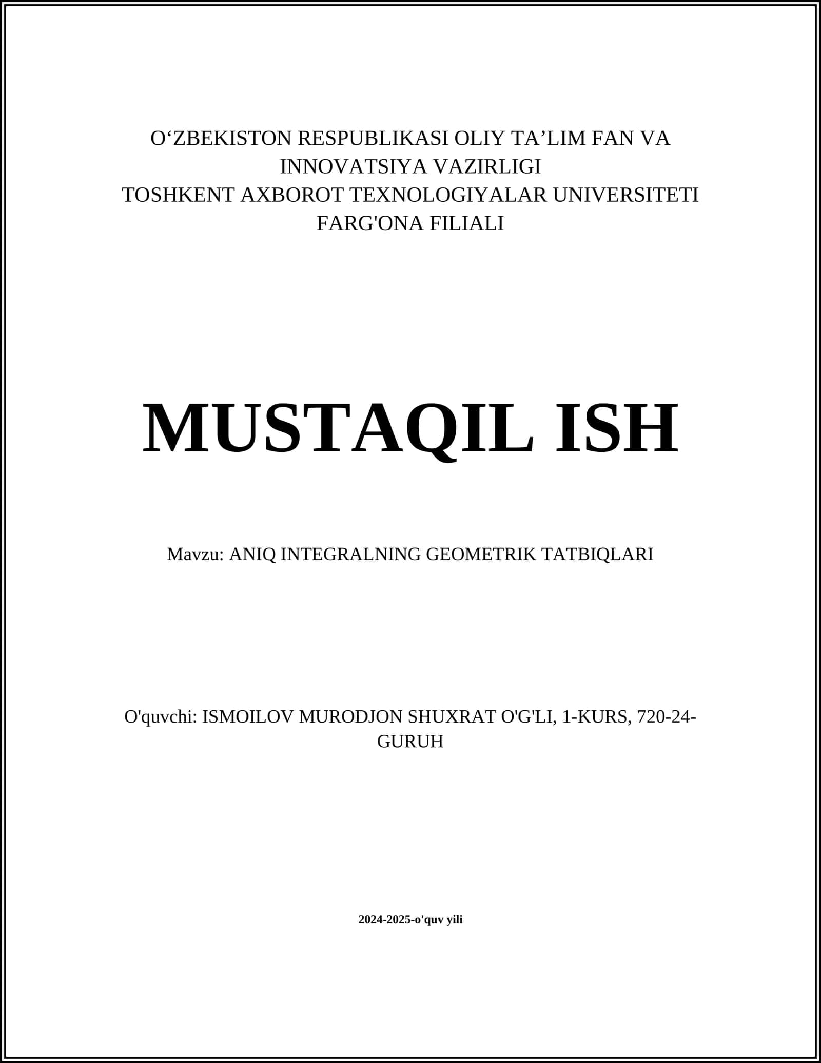 ANIQ INTEGRALNING GEOMETRIK TATBIQLARI