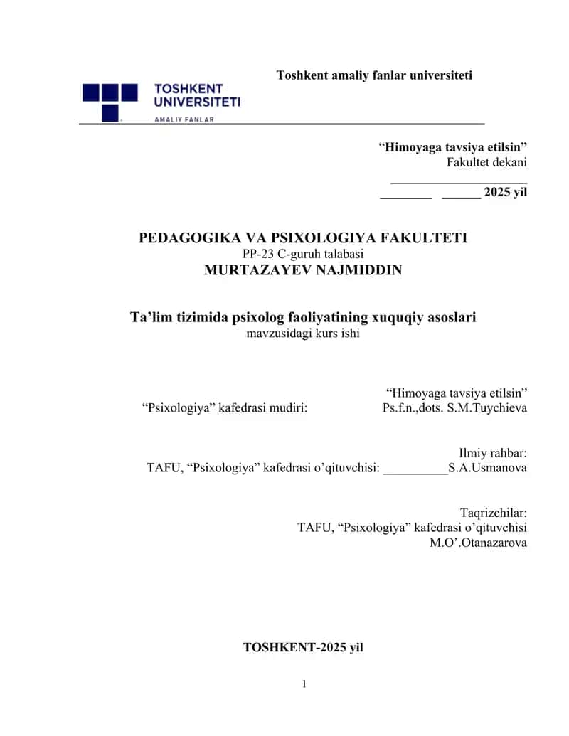 Ta'lim tizimida psixolog faoliyatining xuquqiy asoslari