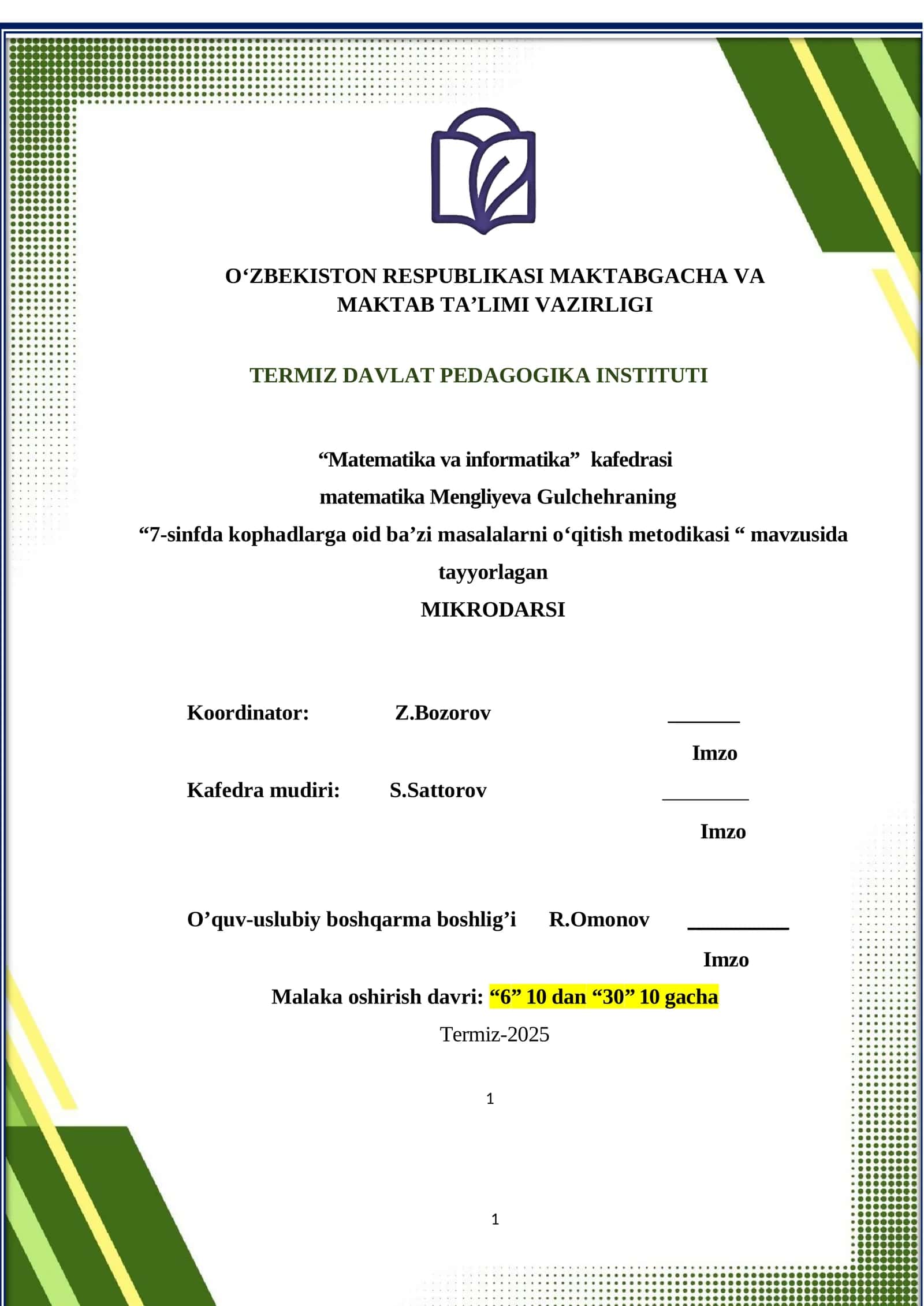 Matematika va Informatika - 7-sinfda kophadlarga oid ba'zi masalalarni o'qitish metodikasi