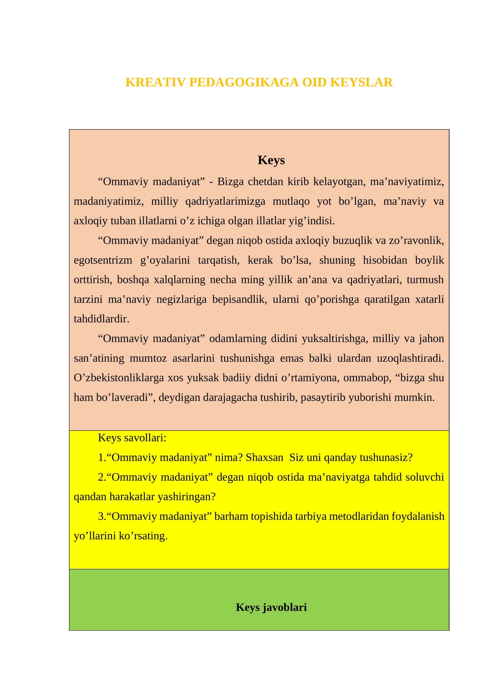 KREATIV PEDAGOGIKAGA OID KEYSLAR