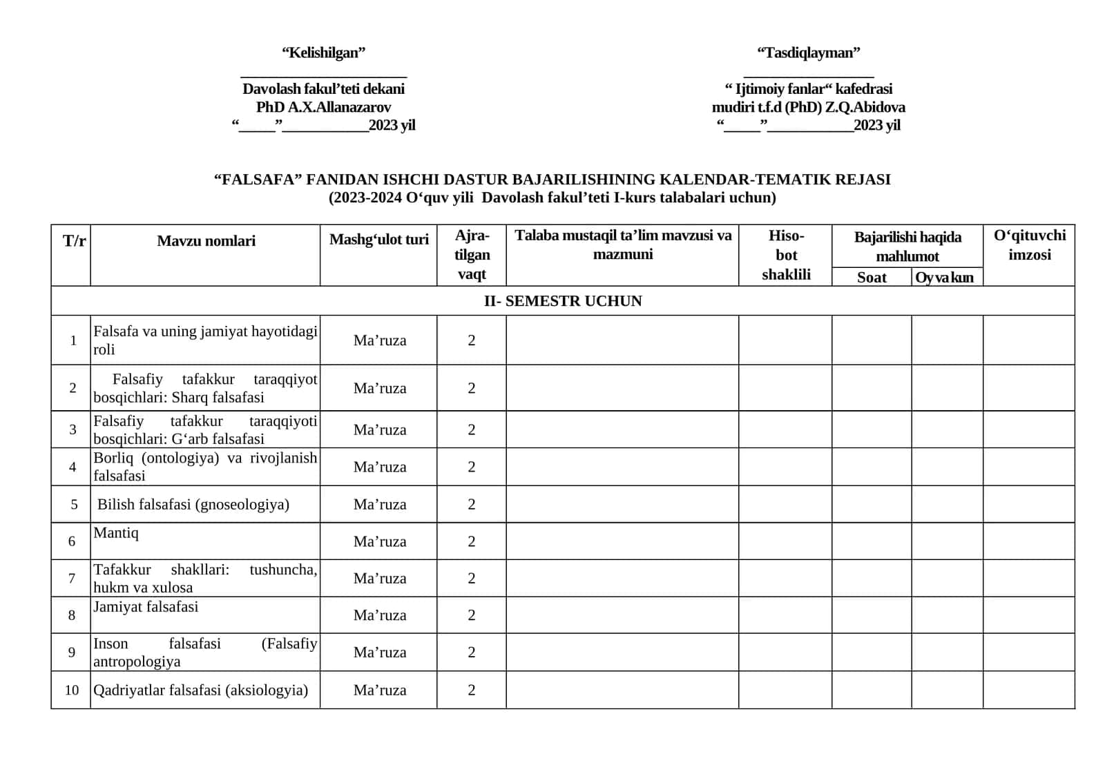FALSAFA FANIDAN ISHCHI DASTUR BAJARILISHINING KALENDAR-TEMATIK REJASI