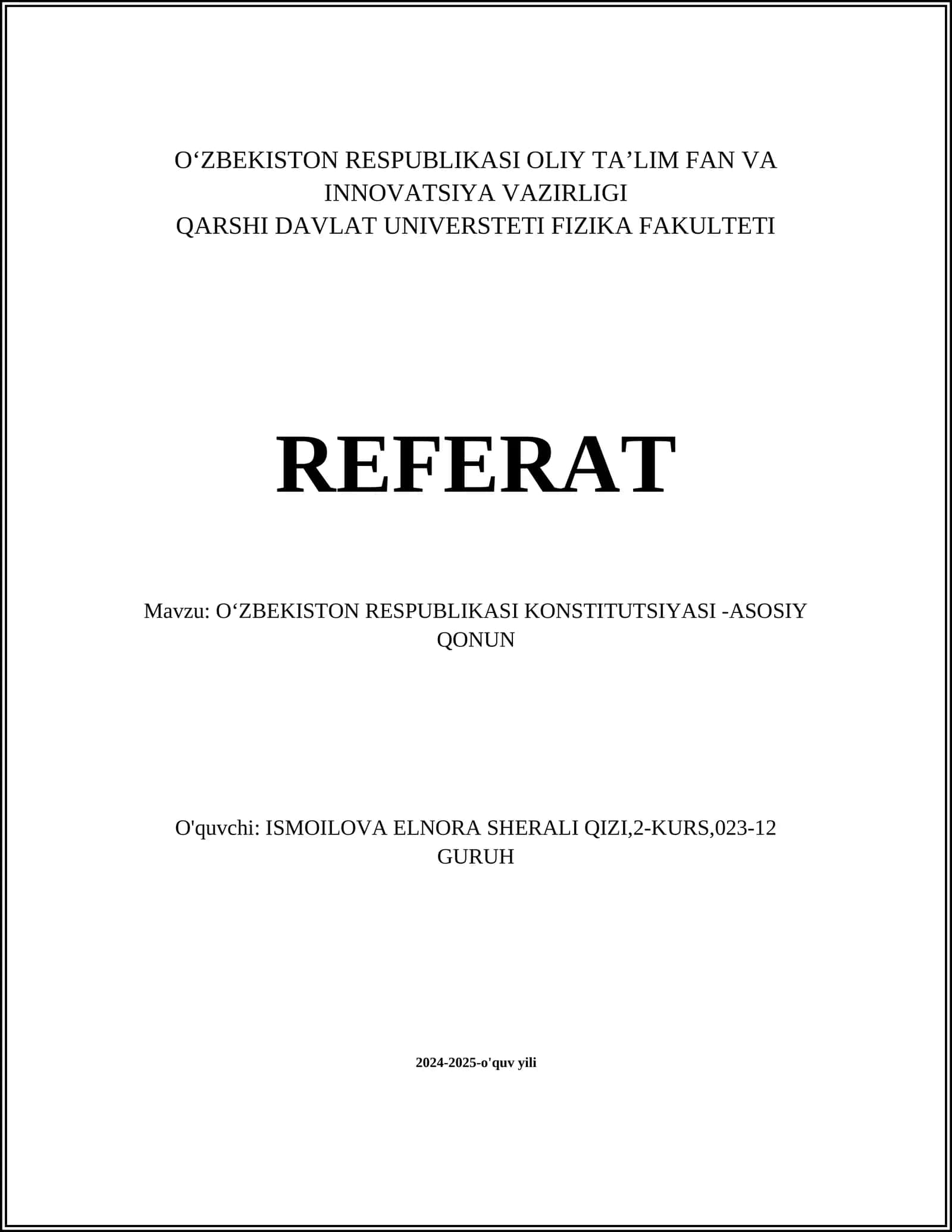 OʻZBEKISTON RESPUBLIKASI KONSTITUTSIYASI -ASOSIY QONUN