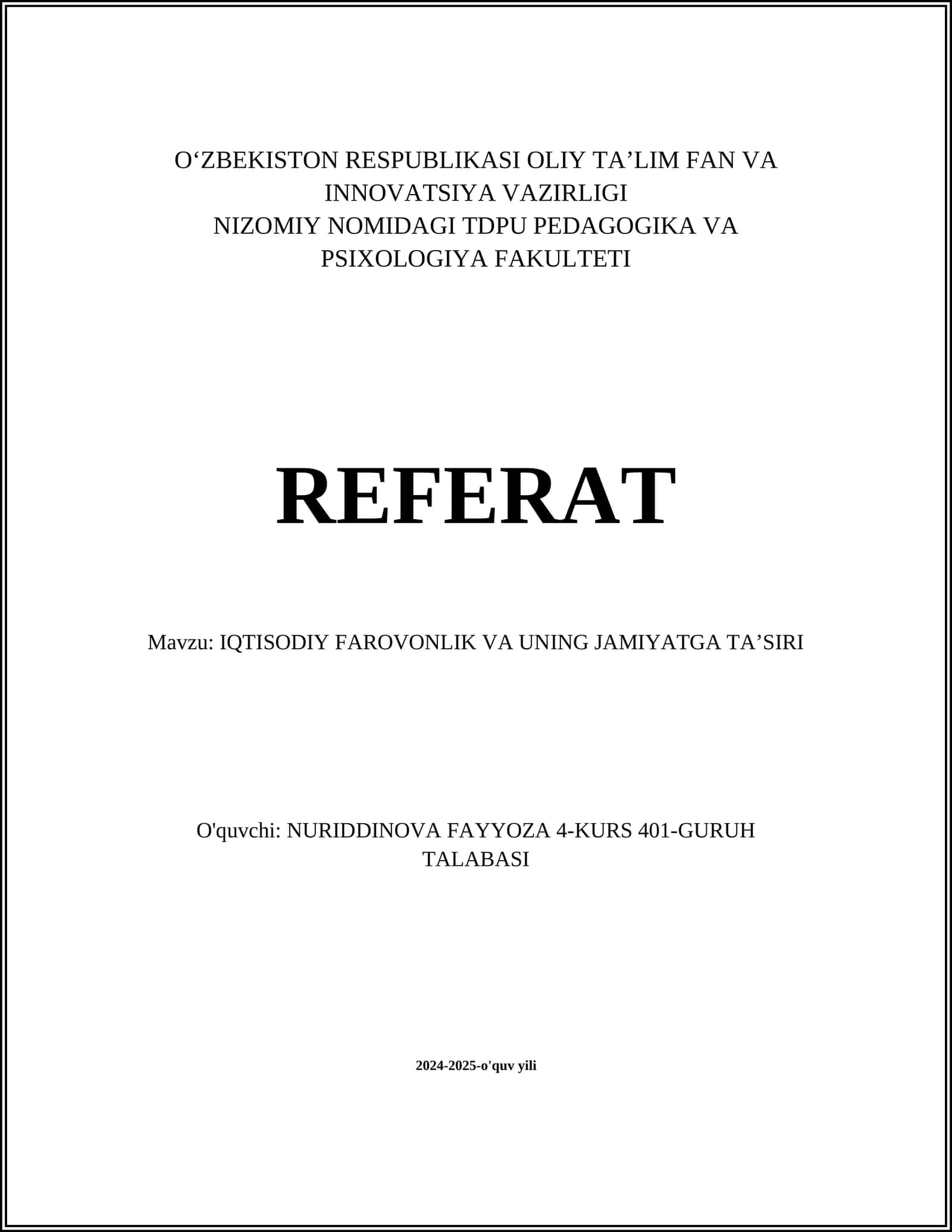IQTISODIY FAROVONLIK VA UNING JAMIYATGA TA’SIRI