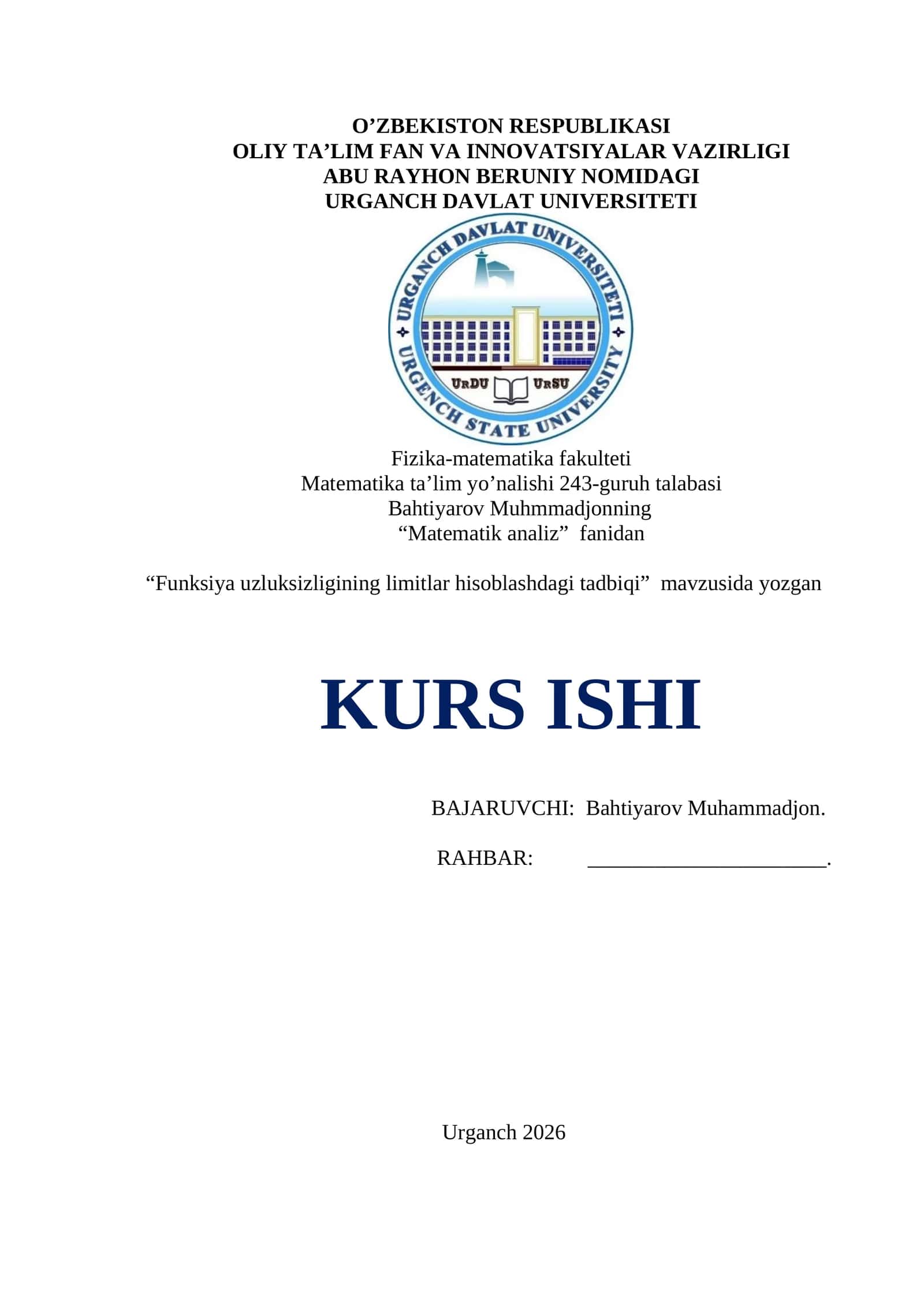 Matematik analiz fanidan kurs ishi