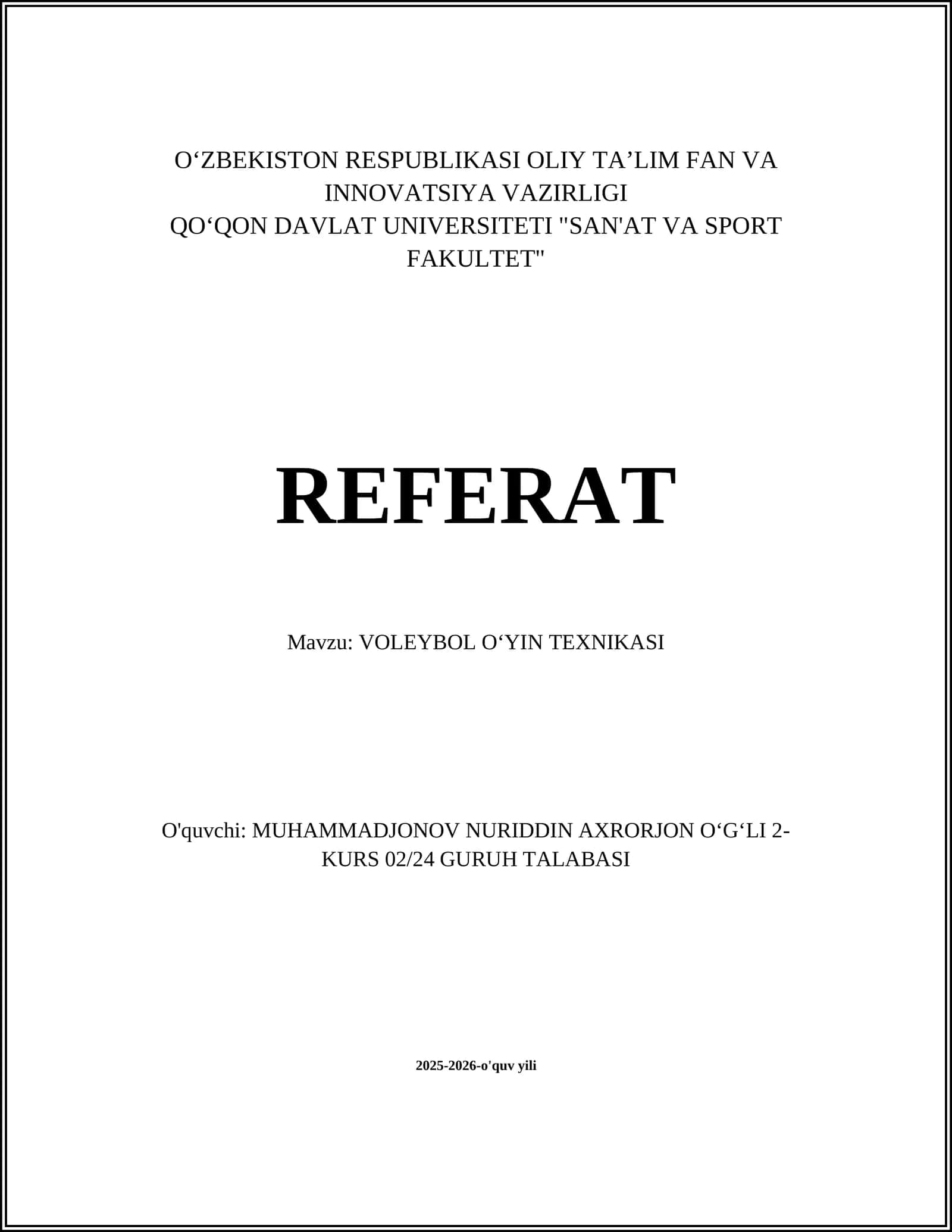 VOLEYBOL OʻYIN TEXNIKASI