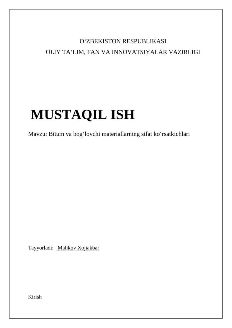 Bitum va bogʻlovchi materiallarning sifat koʻrsatkichlari