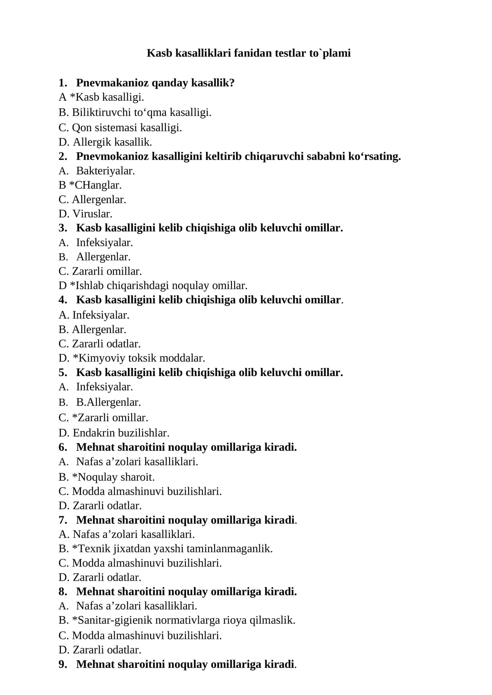 Kasb kasalliklari fanidan testlar to`plami