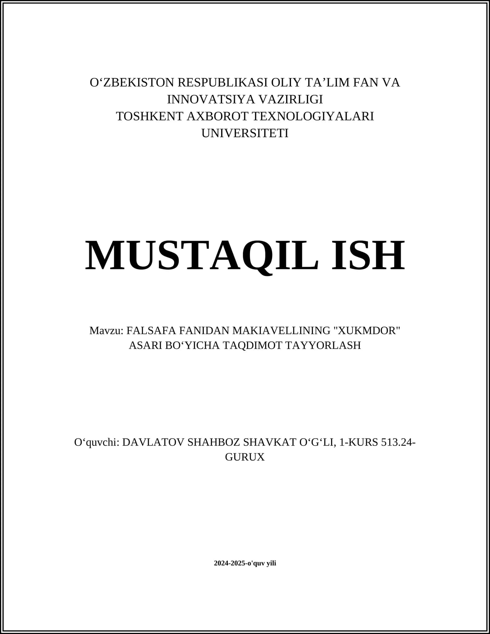 FALSAFA FANIDAN MAKIAVELLINING "XUKMDOR" ASARI BO‘YICHA TAQDIMOT TAYYORLASH