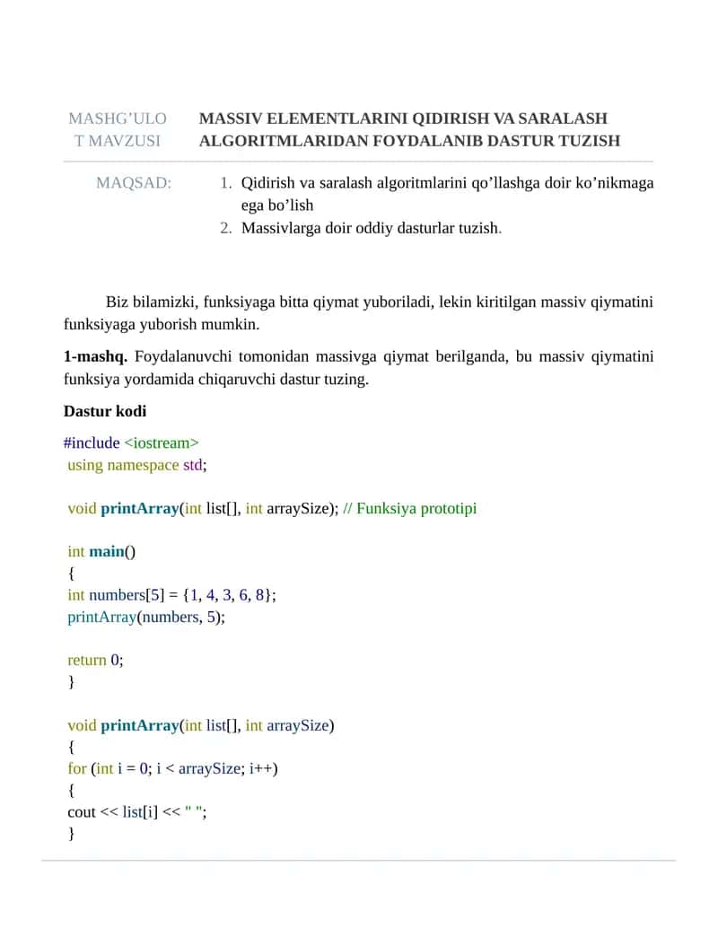 Massiv elementlarini qidirish va saralash algoritmlaridan foydalanib dastur tuzish