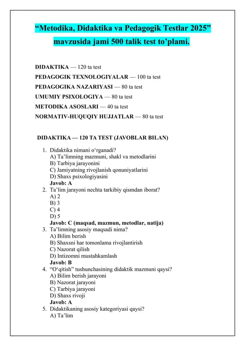 “Umumiy Pedagogika, Metodika, Didaktika Testlari Javoblari bilan 2025”
