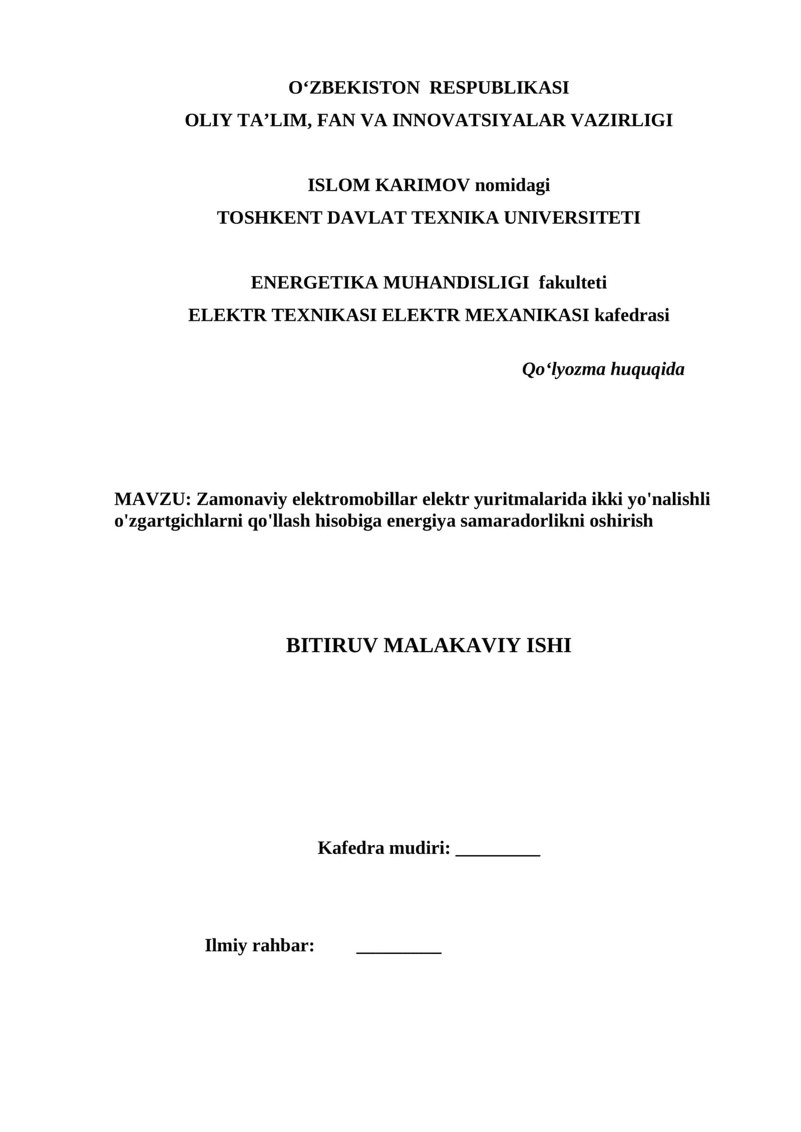 Zamonaviy elektromobillar elektr yuritmalarida ikki yo'nalishli o'zgartgichlarni qo'llash hisobiga energiya samaradorlikni oshirish