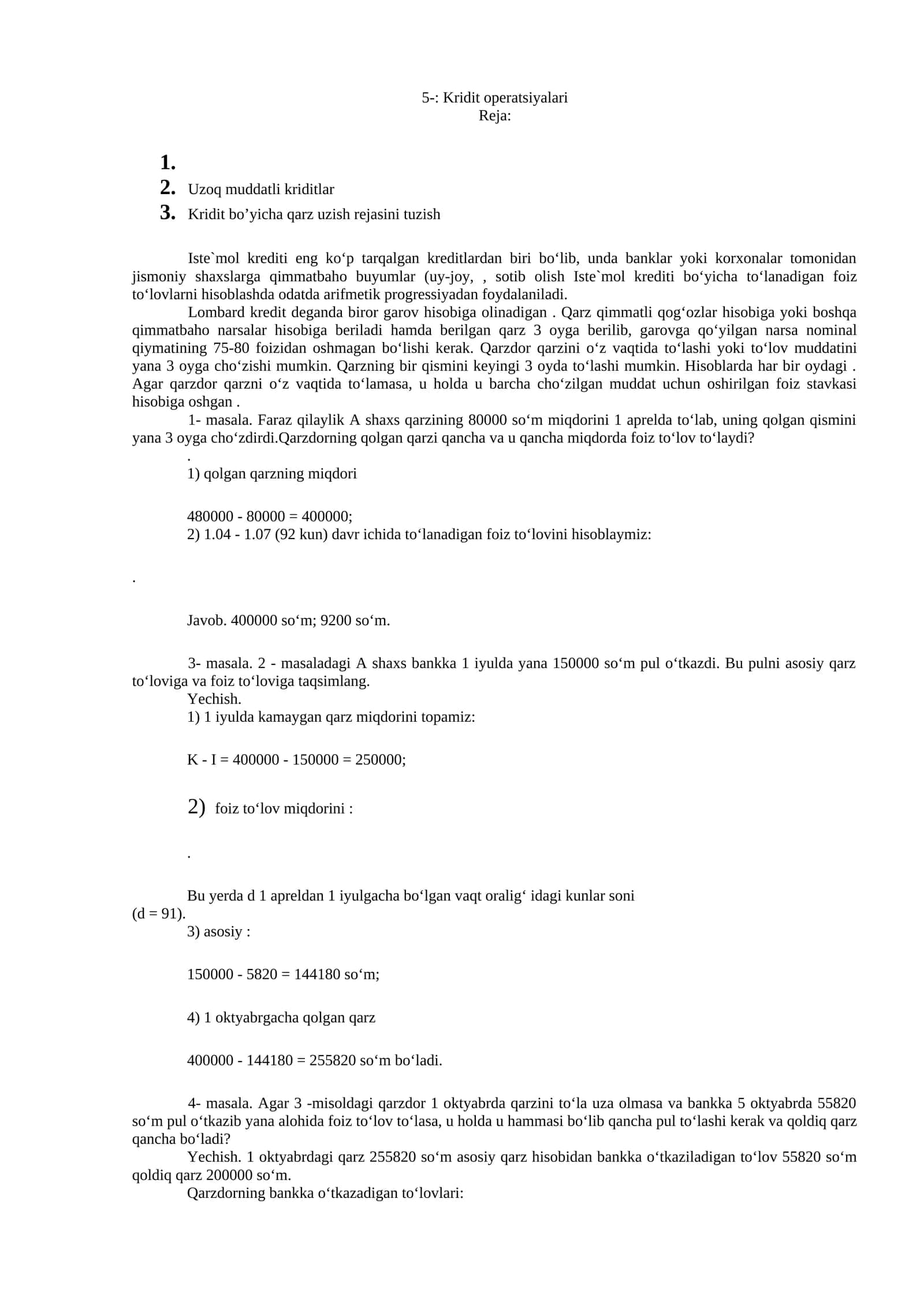 Kridit operatsiyalari