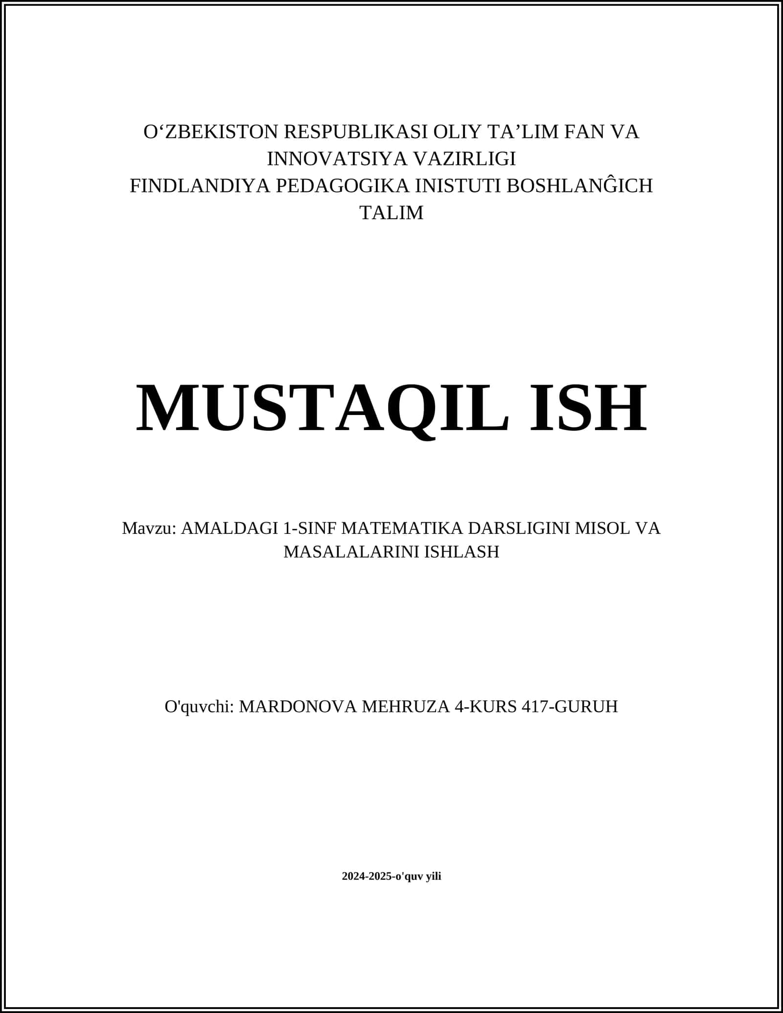 AMALDAGI 1-SINF MATEMATIKA DARSLIGINI MISOL VA MASALALARINI ISHLASH