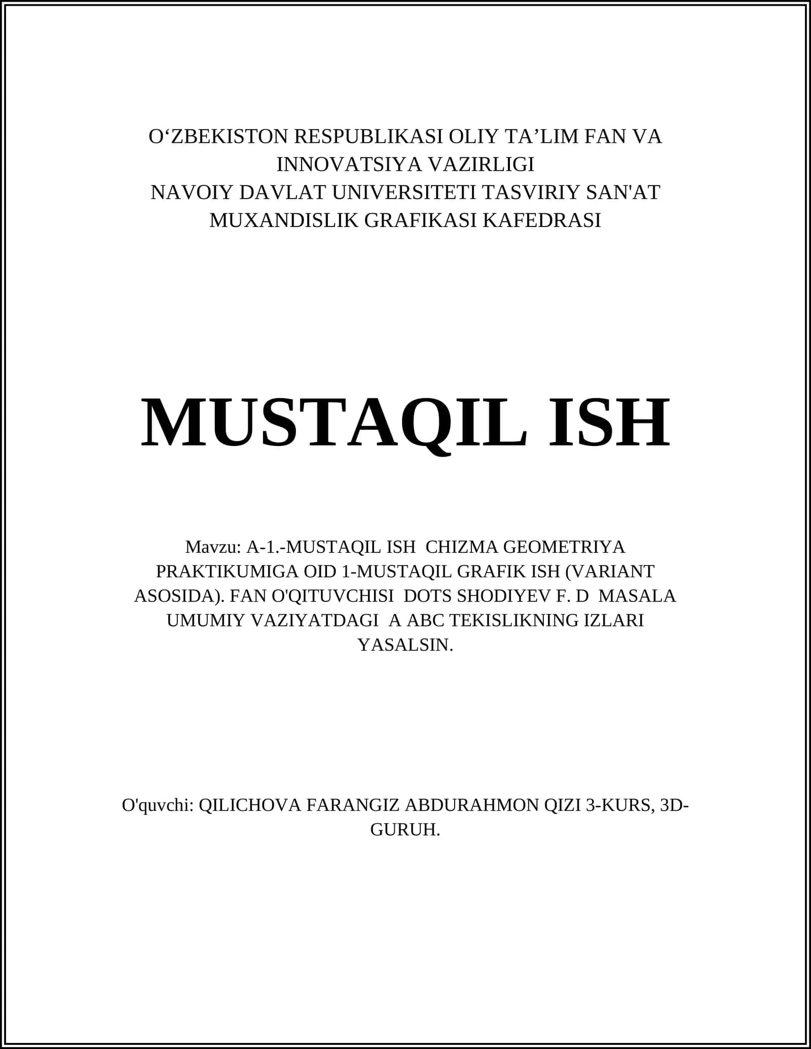 MUSTAQIL ISH CHIZMA GEOMETRIYA PRAKTIKUMI