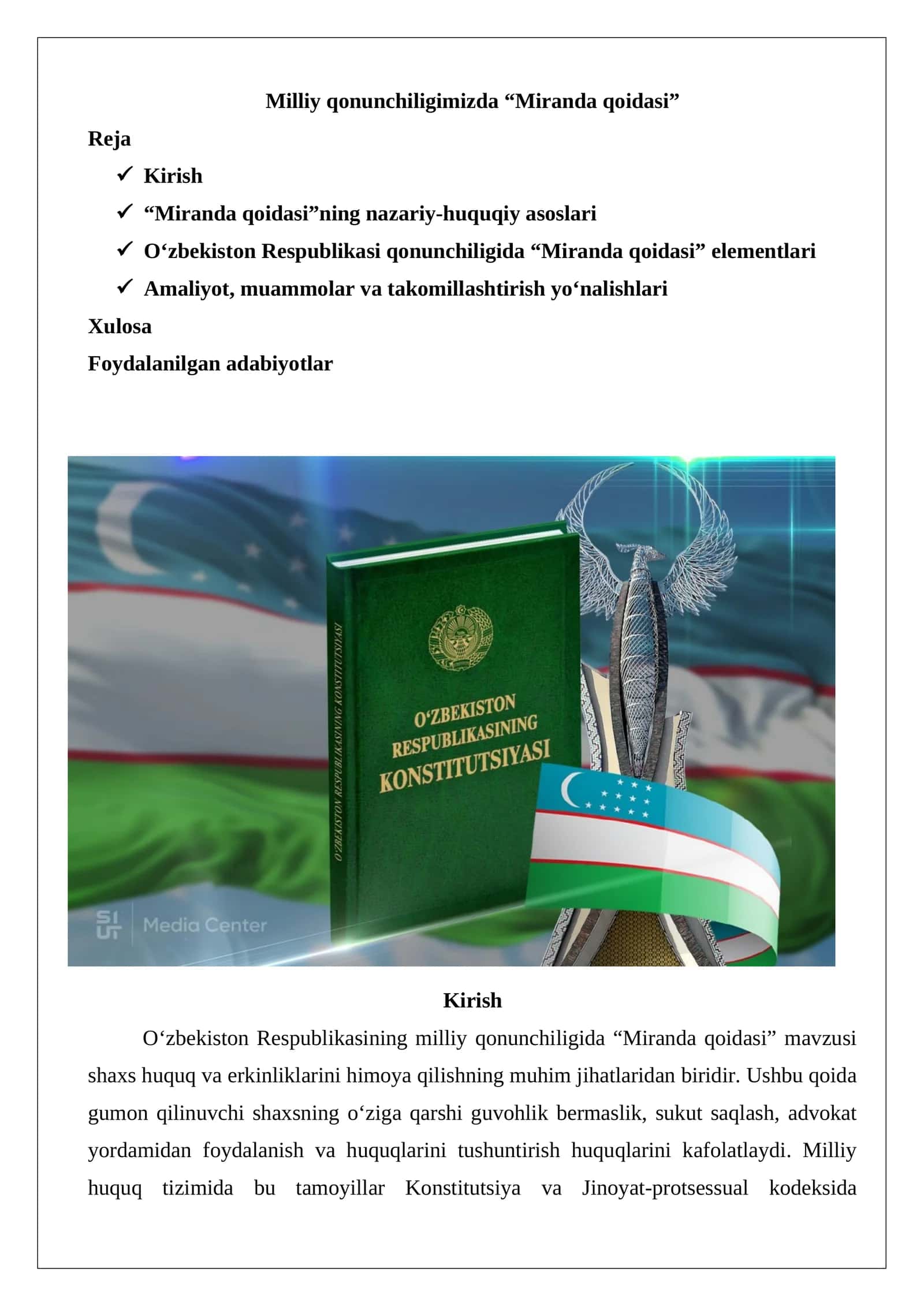 Milliy qonunchiligimizda “Miranda qoidasi”