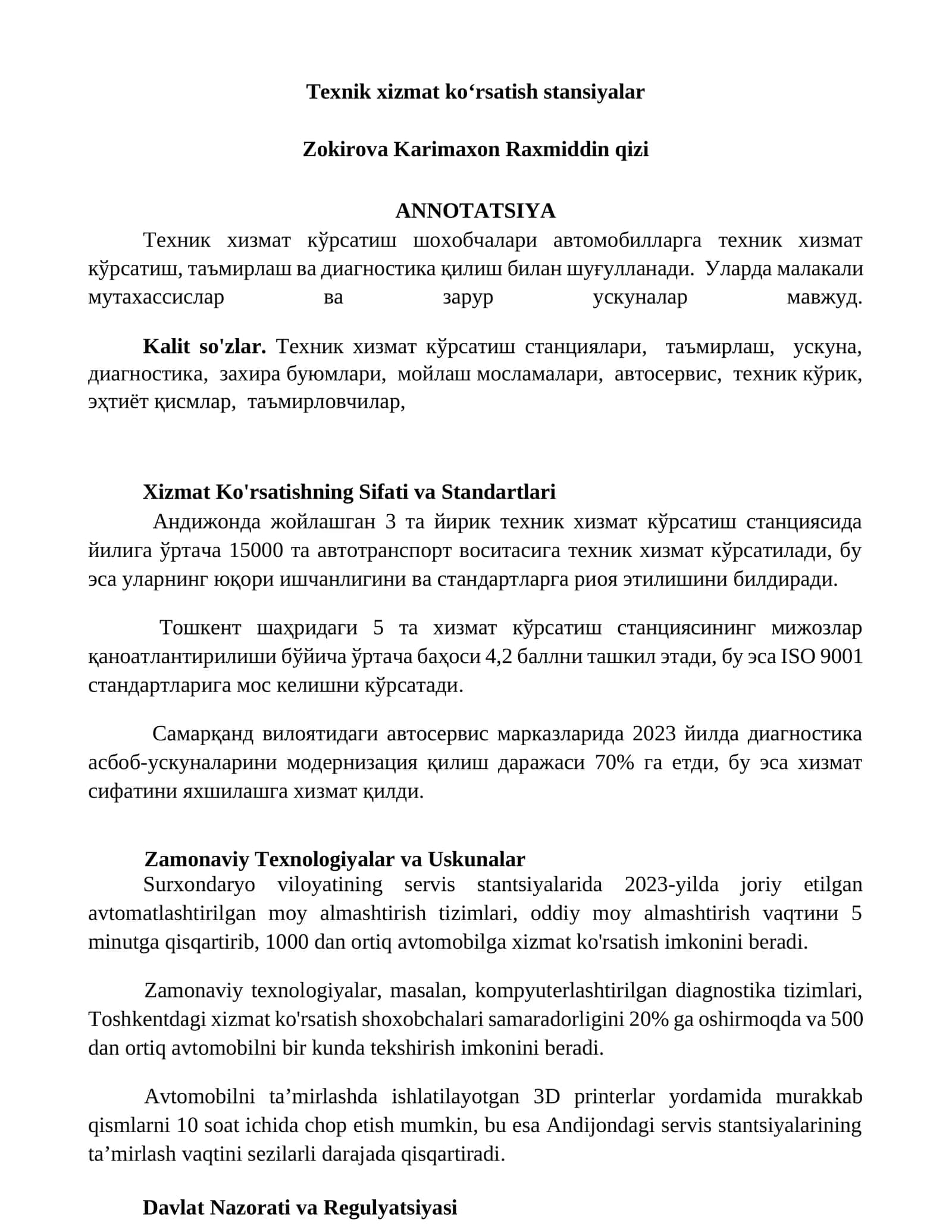 Texnik xizmat koʻrsatish stansiyalar