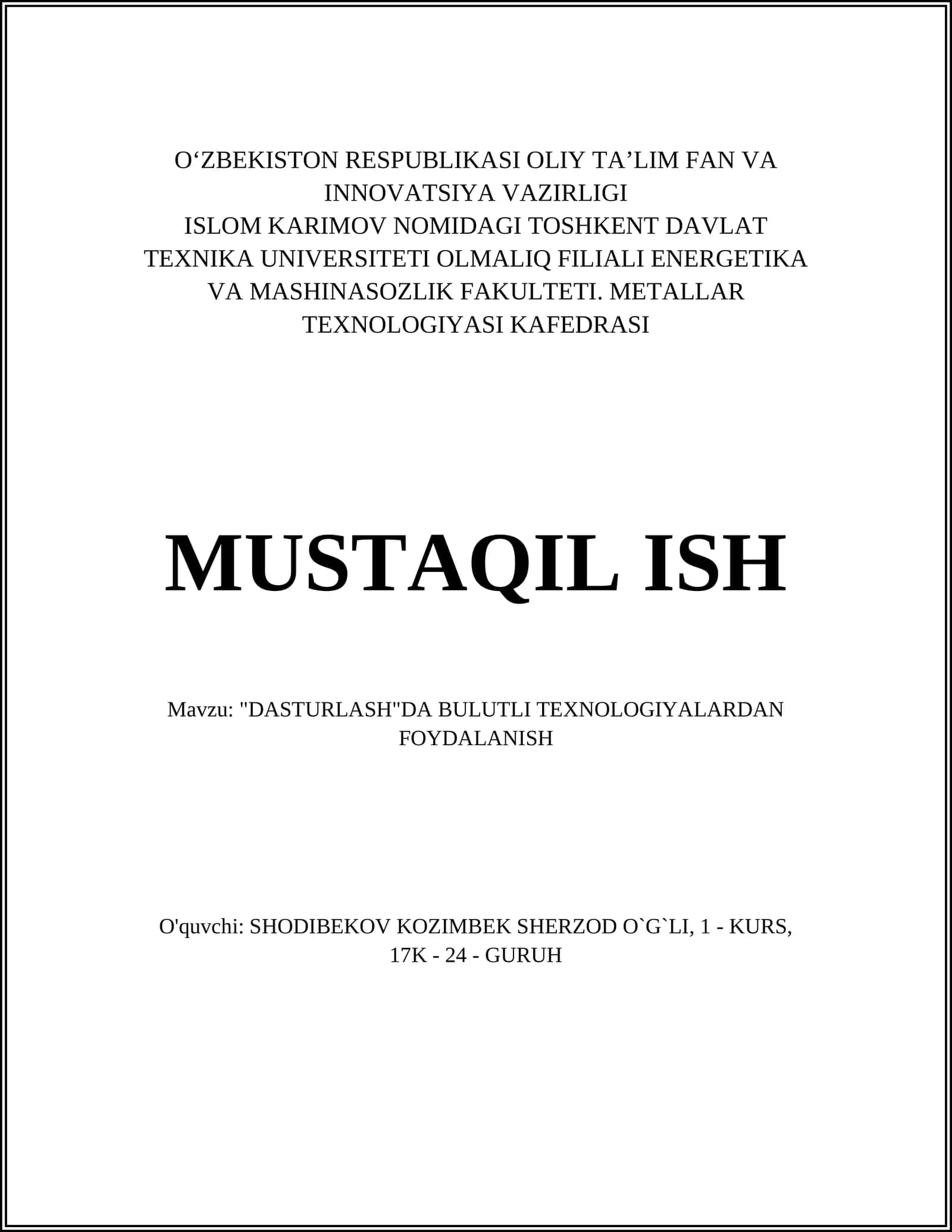 "DASTURLASH"DA BULUTLI TEXNOLOGIYALARDAN FOYDALANISH
