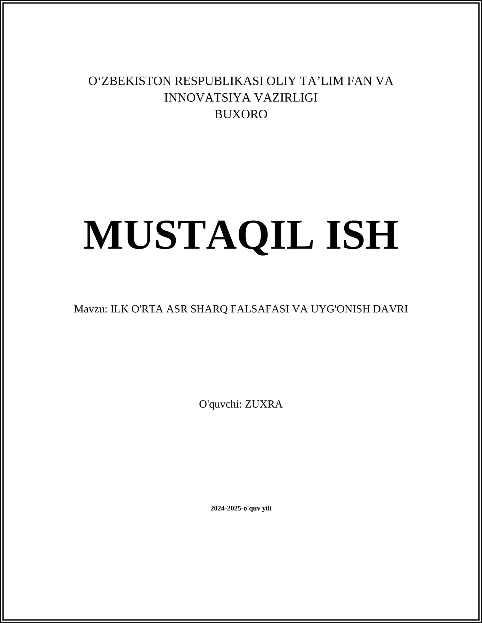 ILK O'RTA ASR SHARQ FALSAFASI VA UYG'ONISH DAVRI